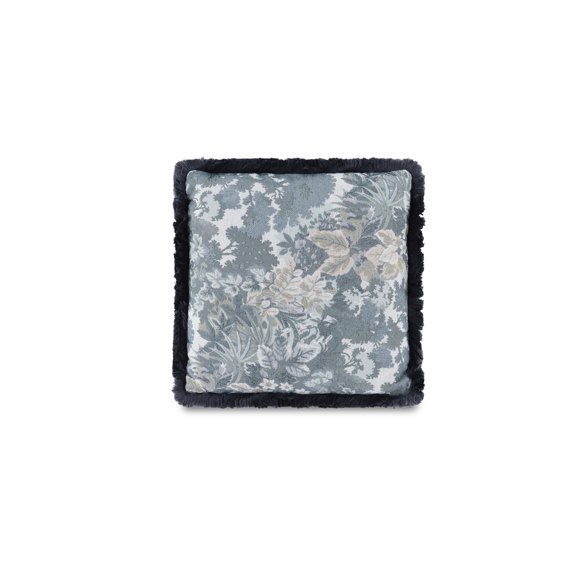 Embry Square Pillow, Polyester Tapestry, Polyester Fringe Trim, Feather and Fiber Insert, Heritage Floral Print, Blue