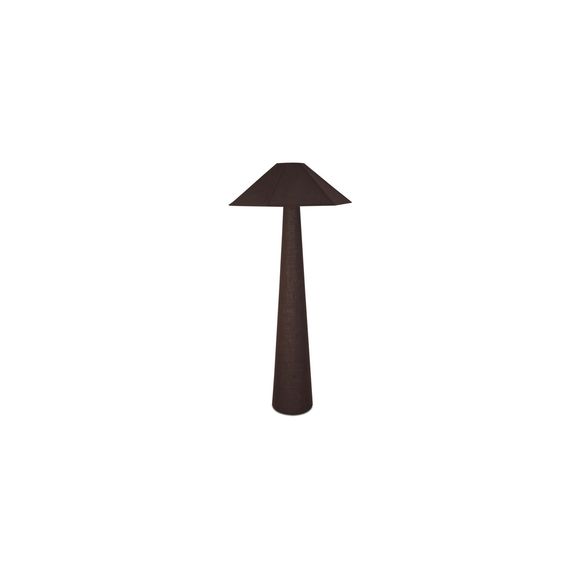 Rory Floor Lamp, Geometric Linen and Cotton Wrapped Shade, Tonal Piping, Iron Base, Dark Brown