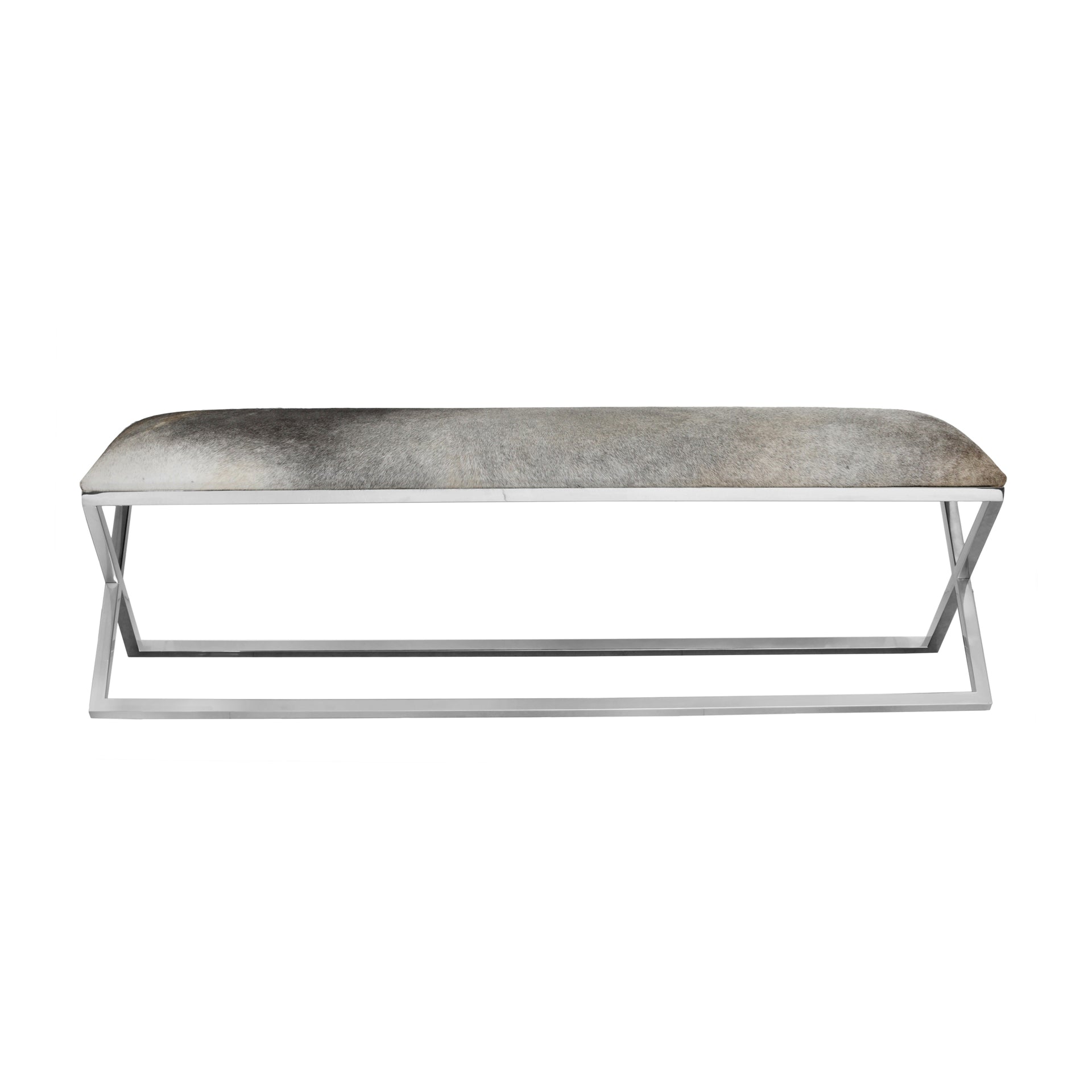 Leander Bench, Cowhide Upholstery with Stainless Steel Frame, Grey