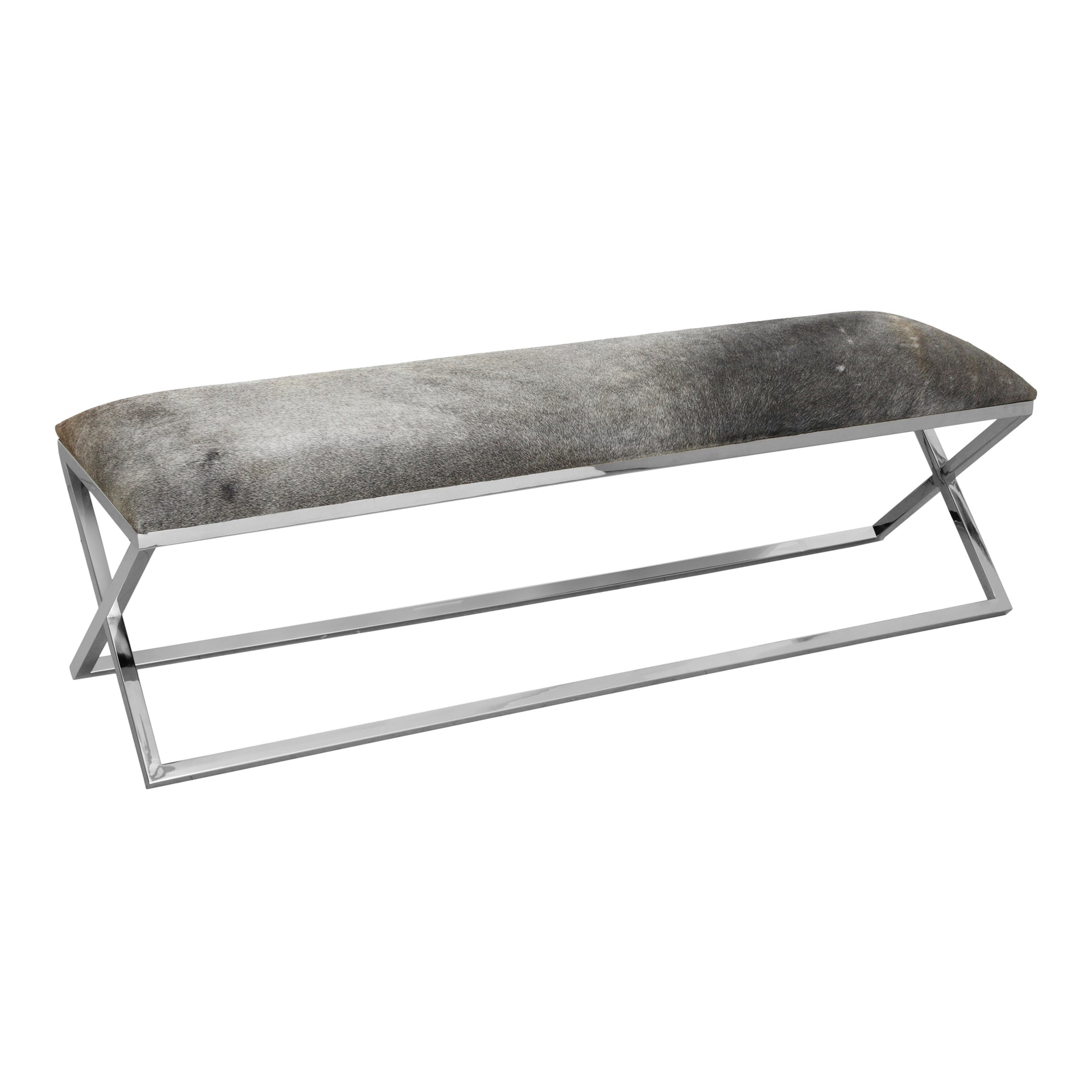 Leander Bench, Cowhide Upholstery with Stainless Steel Frame, Grey