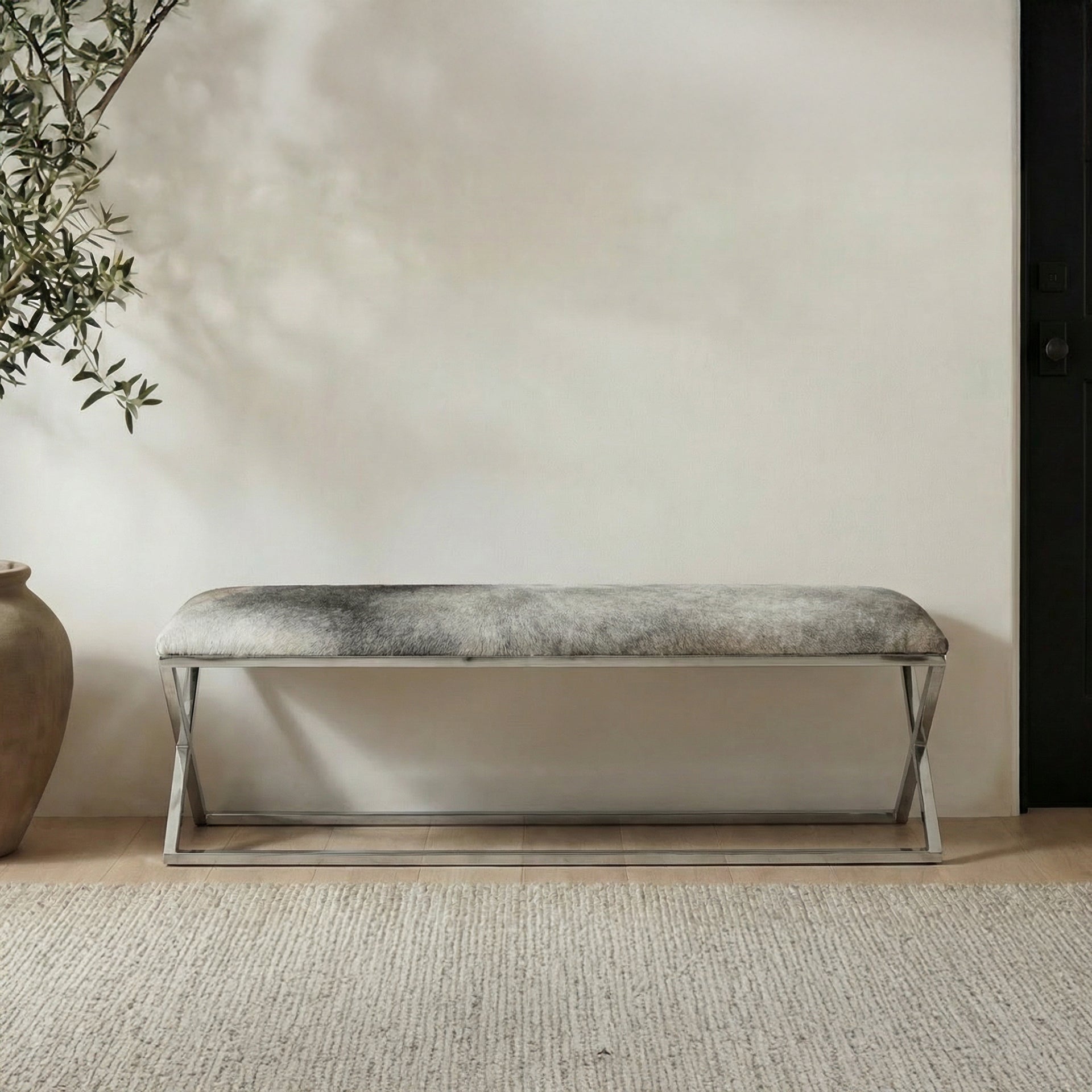 Leander Bench, Cowhide Upholstery with Stainless Steel Frame, Grey
