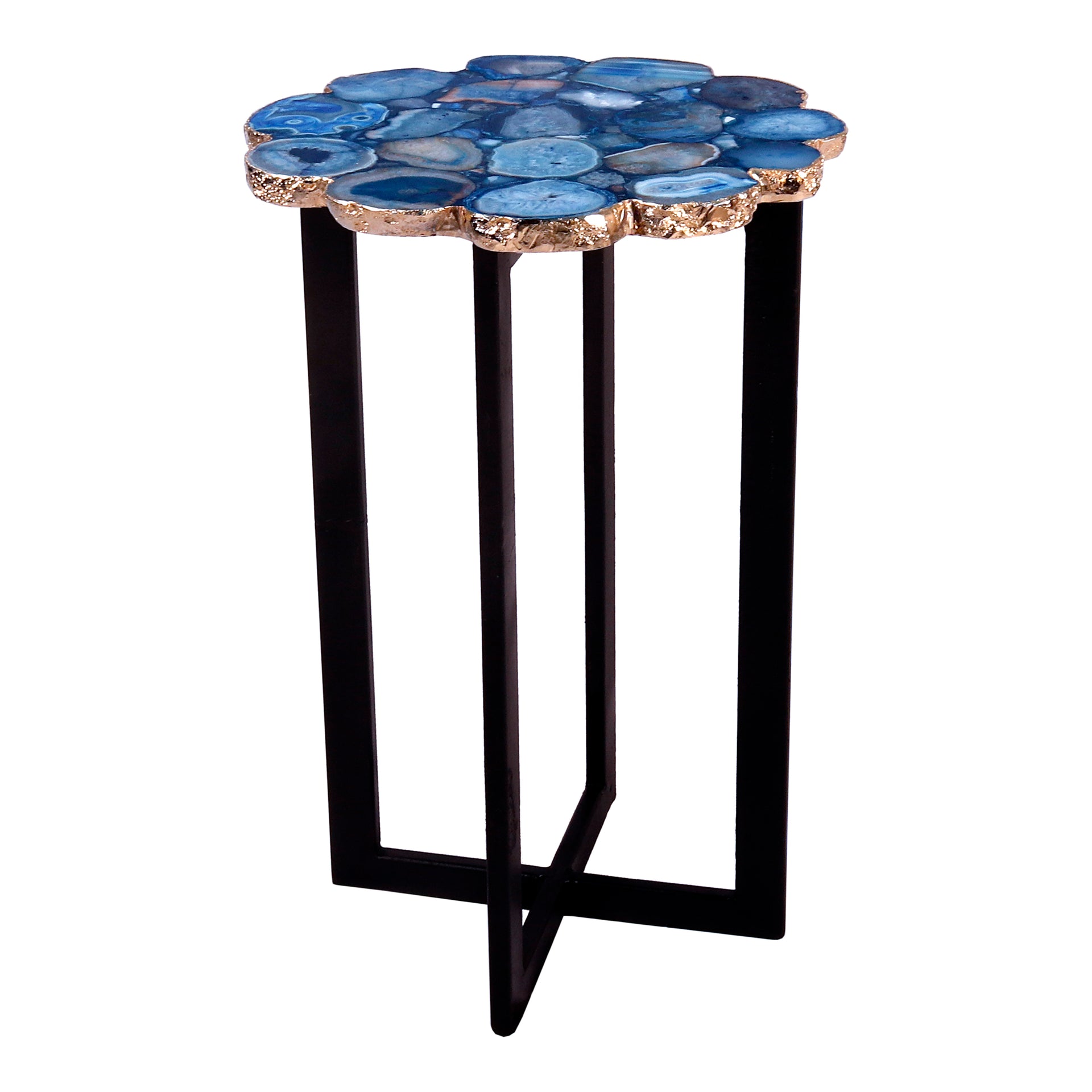 Shiv - Contemporary Round Accent Table with Buffed Agate Stone Top in Blue