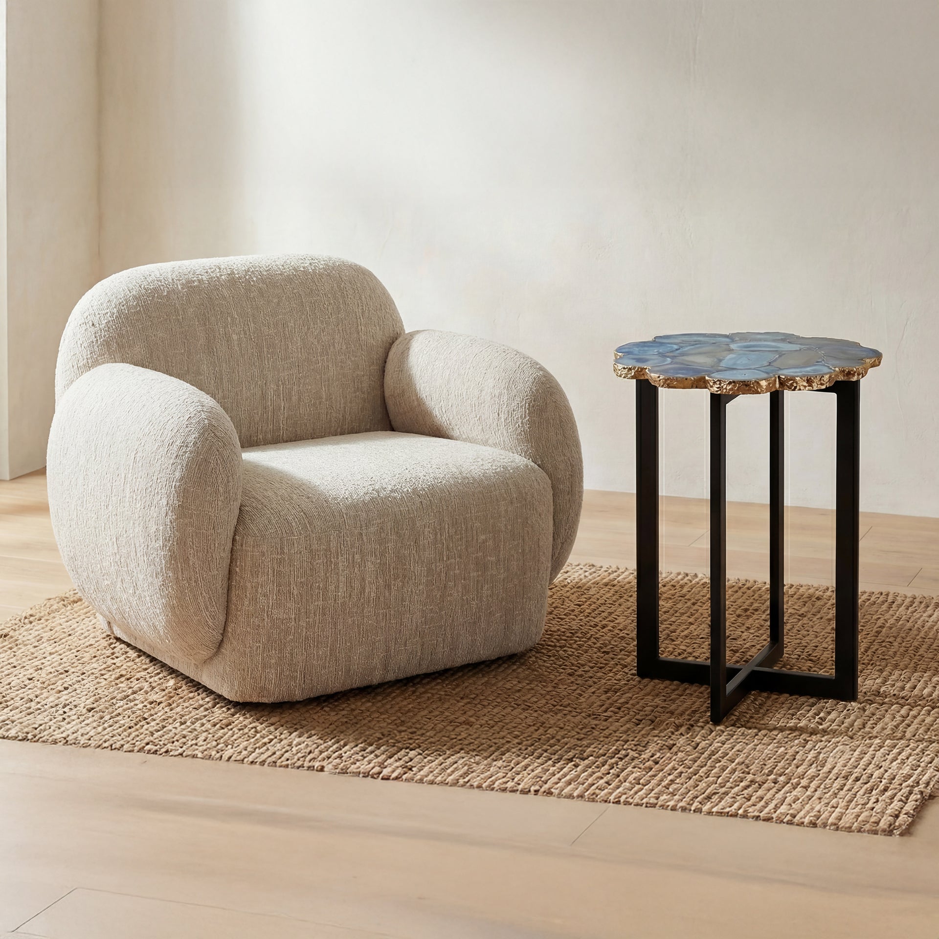 Shiv - Contemporary Round Accent Table with Buffed Agate Stone Top in Blue