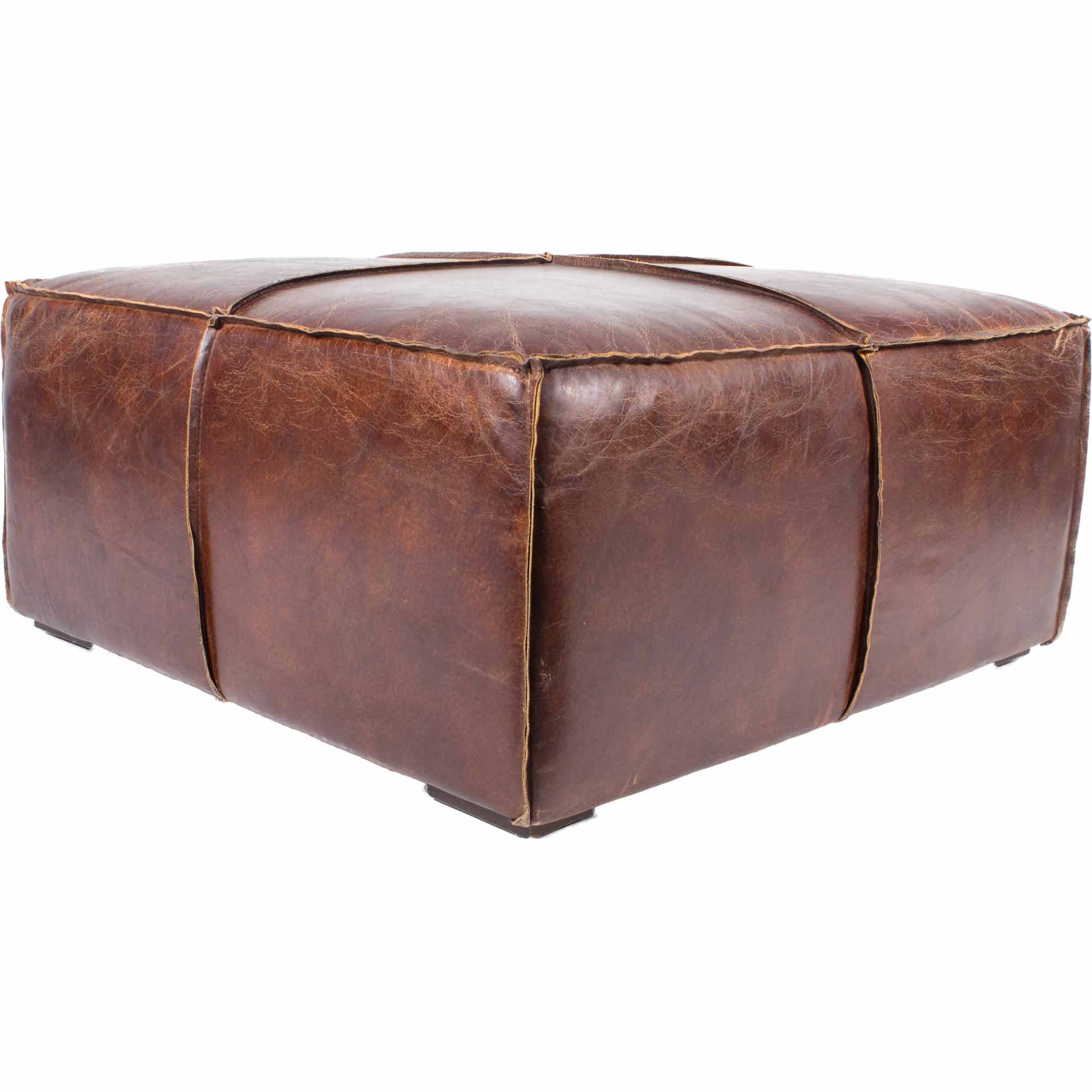 Beckett Ottoman, Square Top Grain Leather Upholstery with Solid Oak Frame, Dark Brown