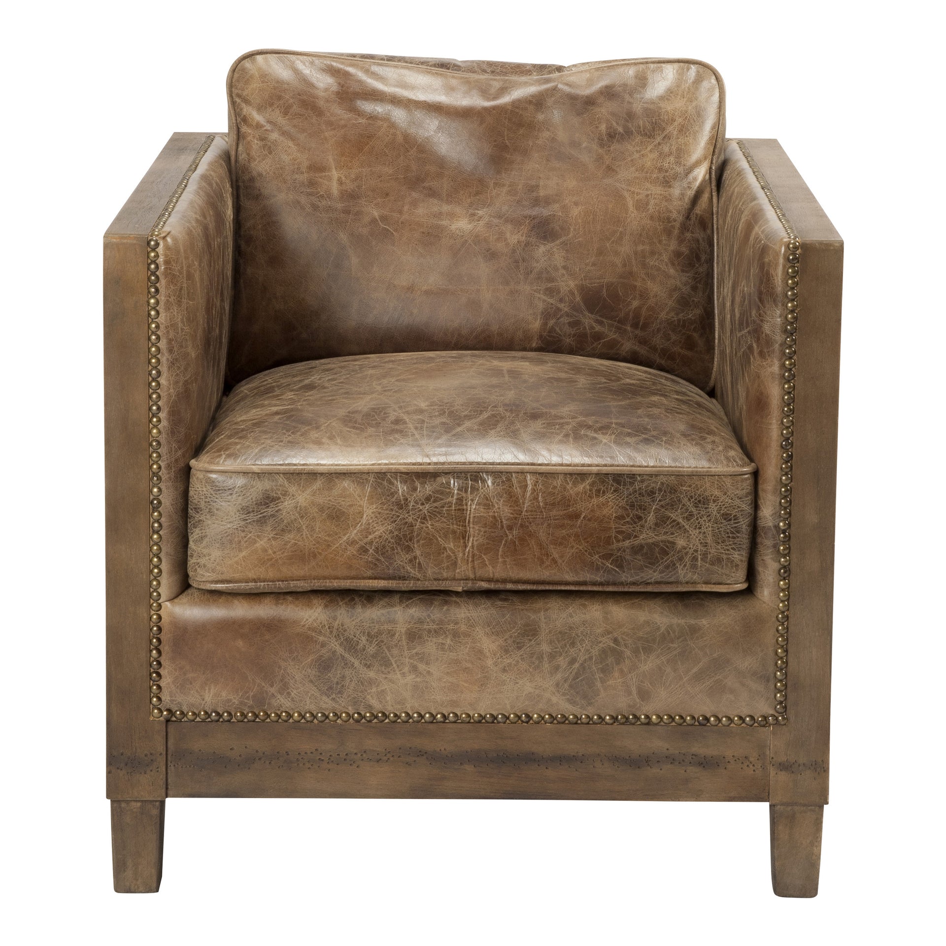 Kael - Club Chair with Solid Rubberwood Frame and Genuine Leather in Brown