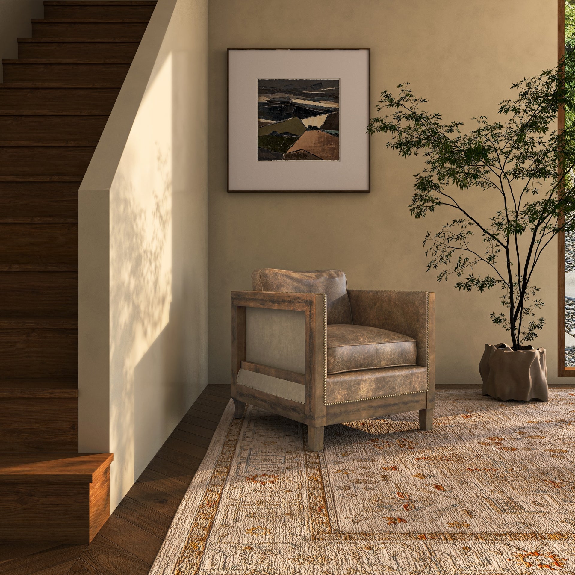 Kael - Club Chair with Solid Rubberwood Frame and Genuine Leather in Brown