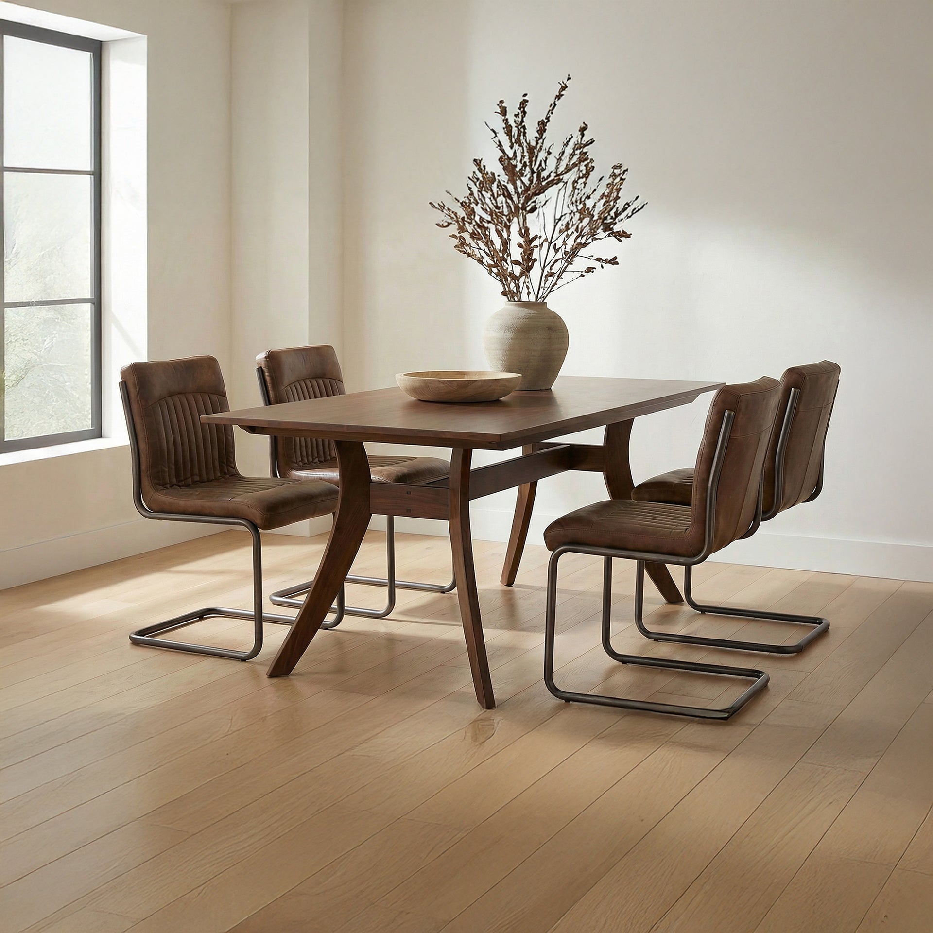 Axel, Dining Chairs Iron Frame, Top-Grain Leather Upholstery, Brown - Set of 2