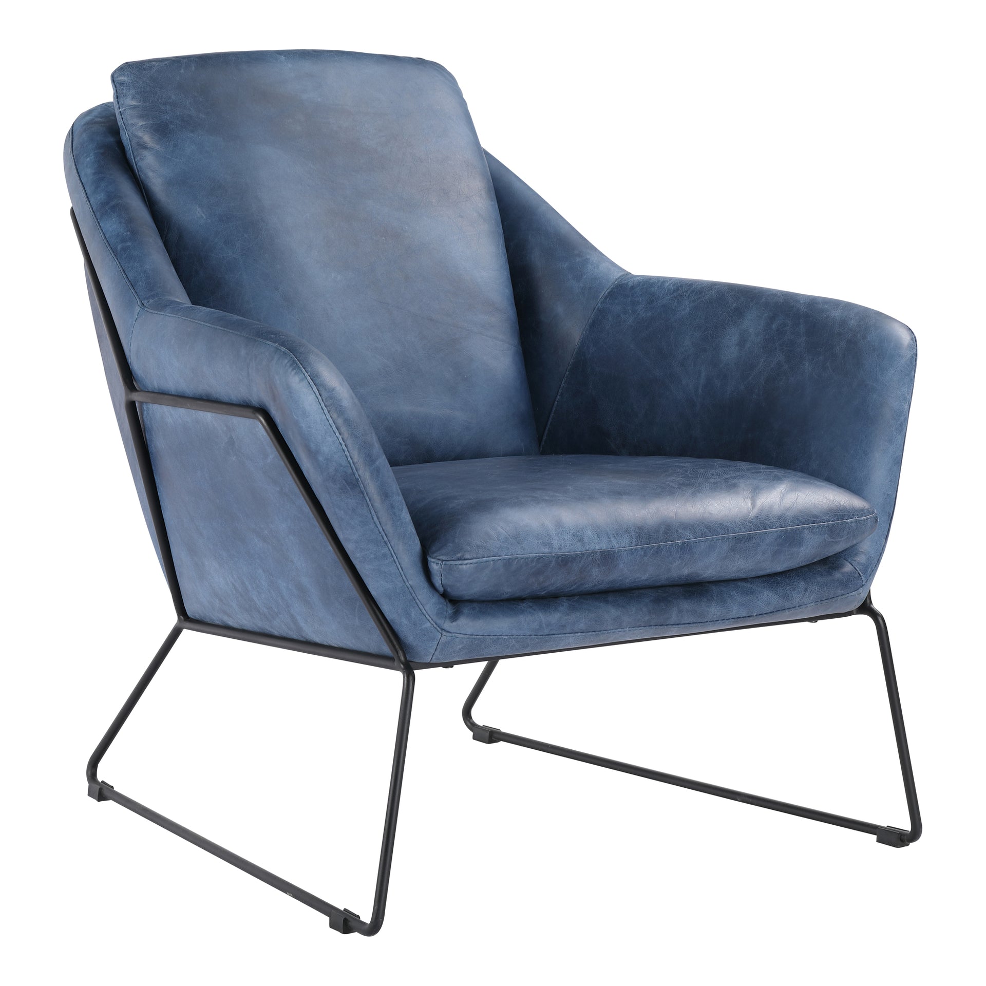 Freya, Accent Chair Top-Grain Leather Iron Frame, Dark Blue