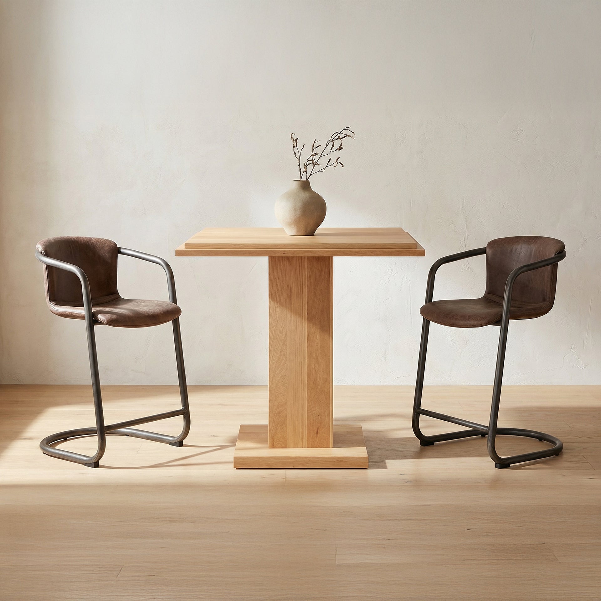 Galen, Bar Stool Rustic Brown Leather, Industrial Iron Frame, Brown - Set of 2