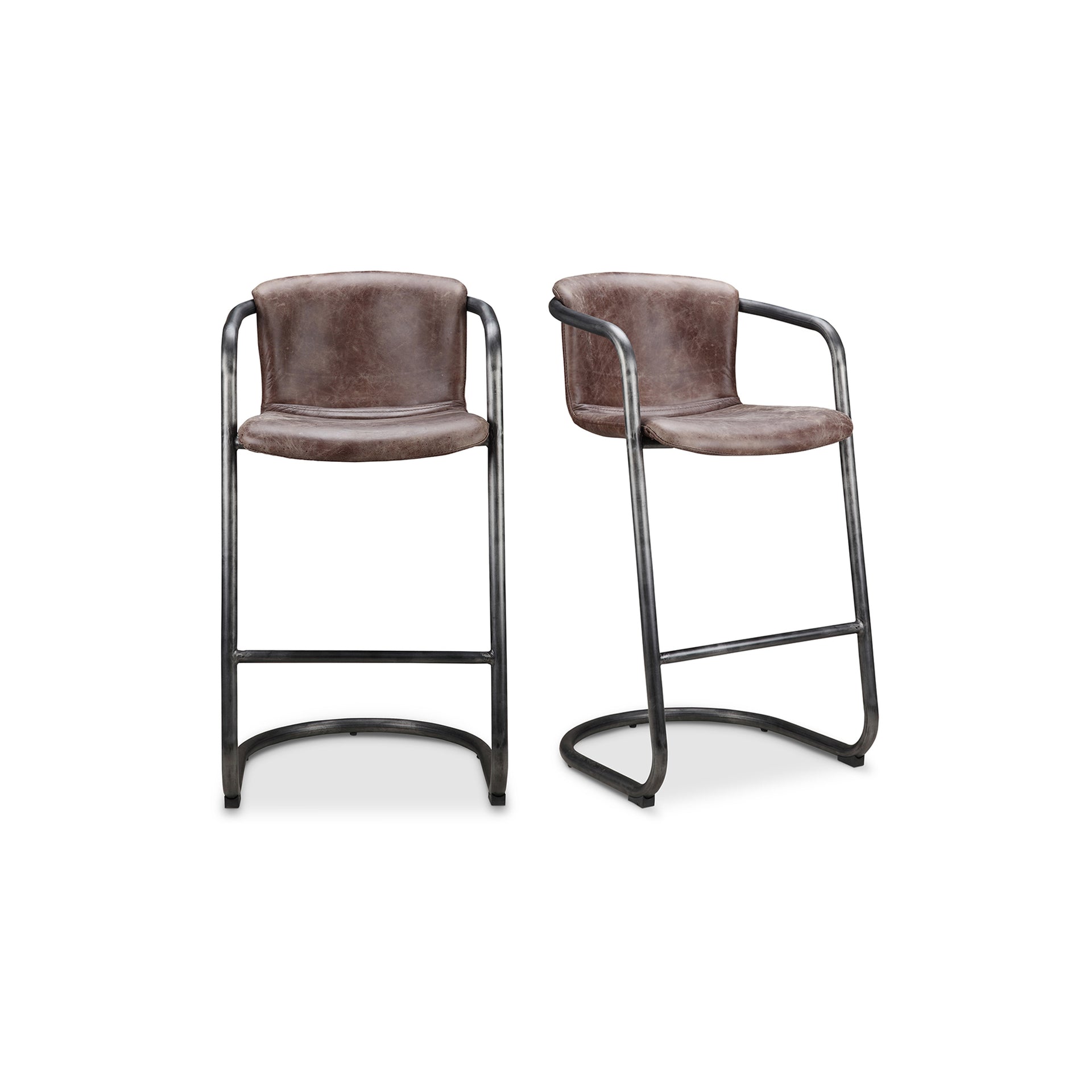 Galen, Bar Stool Rustic Brown Leather, Industrial Iron Frame, Brown - Set of 2