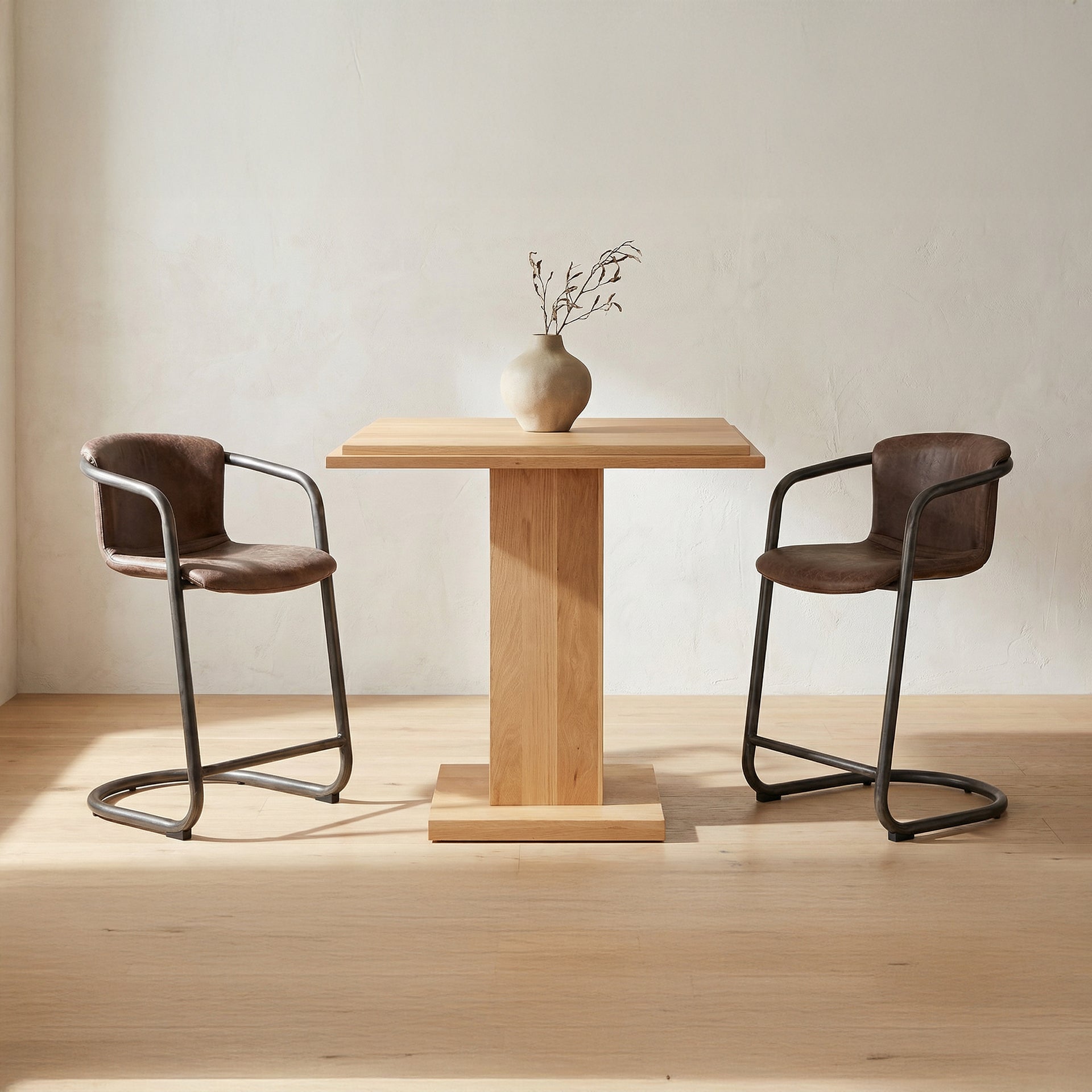Galen Counter Stool, Top-Grain Leather with Iron Frame, Industrial Style, Brown - Set of 2