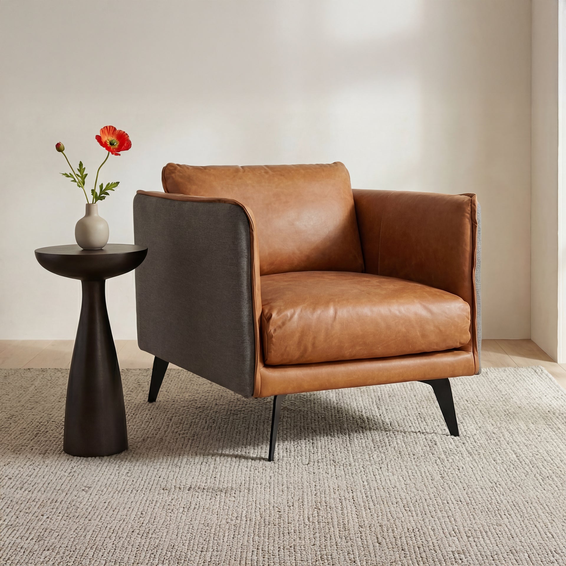 Quinby Lounge Chair, Mid-Century Modern, Top-Grain Leather and Polyester Fabric, Sierra Brown