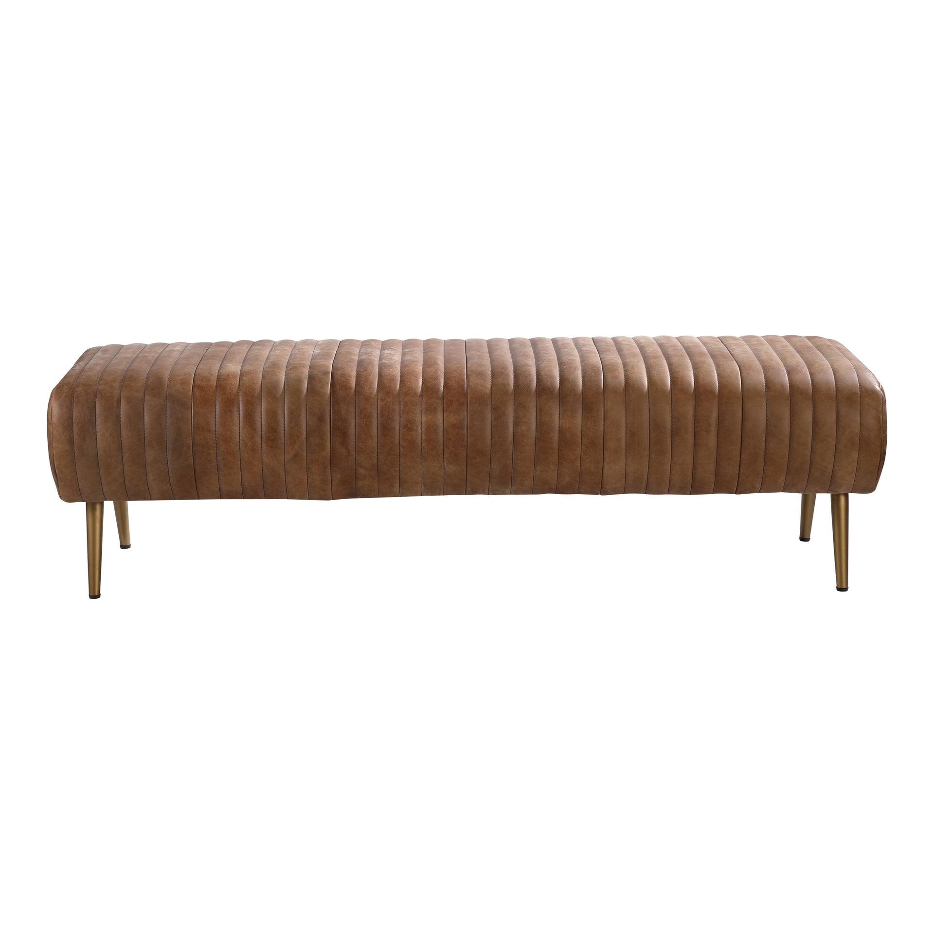 Skylar Bench, Top-Grain Leather Upholstery, Matte Brass Iron Legs, Cappuccino