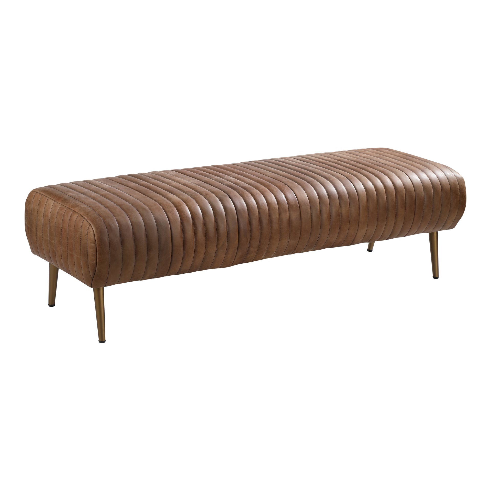 Skylar Bench, Top-Grain Leather Upholstery, Matte Brass Iron Legs, Cappuccino