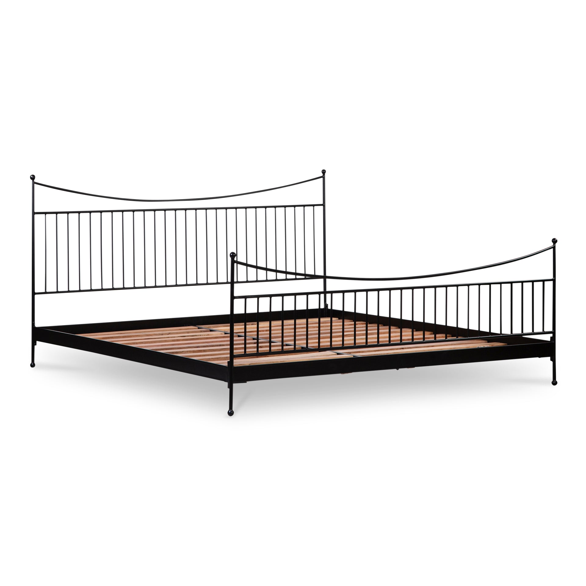 Novella Queen Bed, Traditional Iron Frame with Finial Detailing, Acacia Wood Slats, Black
