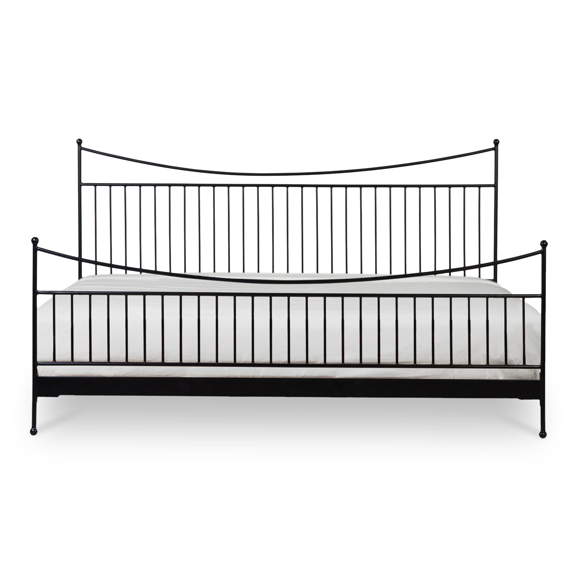Novella Queen Bed, Traditional Iron Frame with Finial Detailing, Acacia Wood Slats, Black