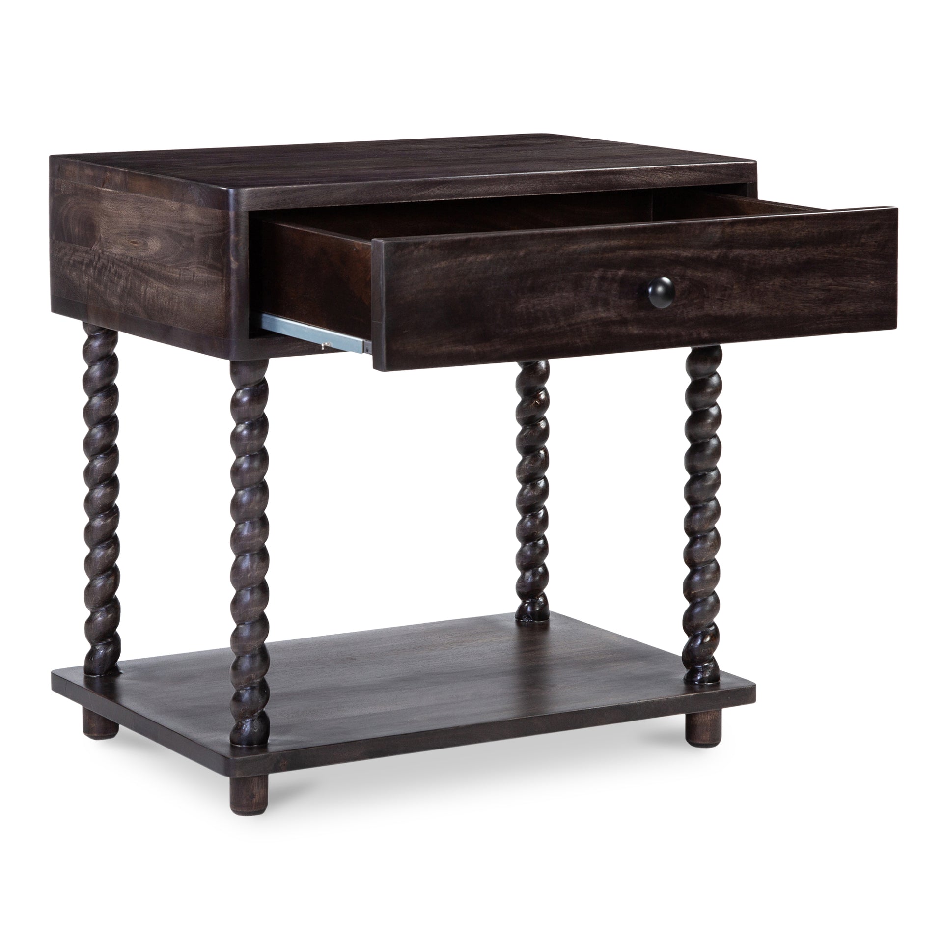 Vespera Nightstand, Handcrafted Mango Wood with Intricate Turned Legs, Soft-Close Drawer, Dark Brown
