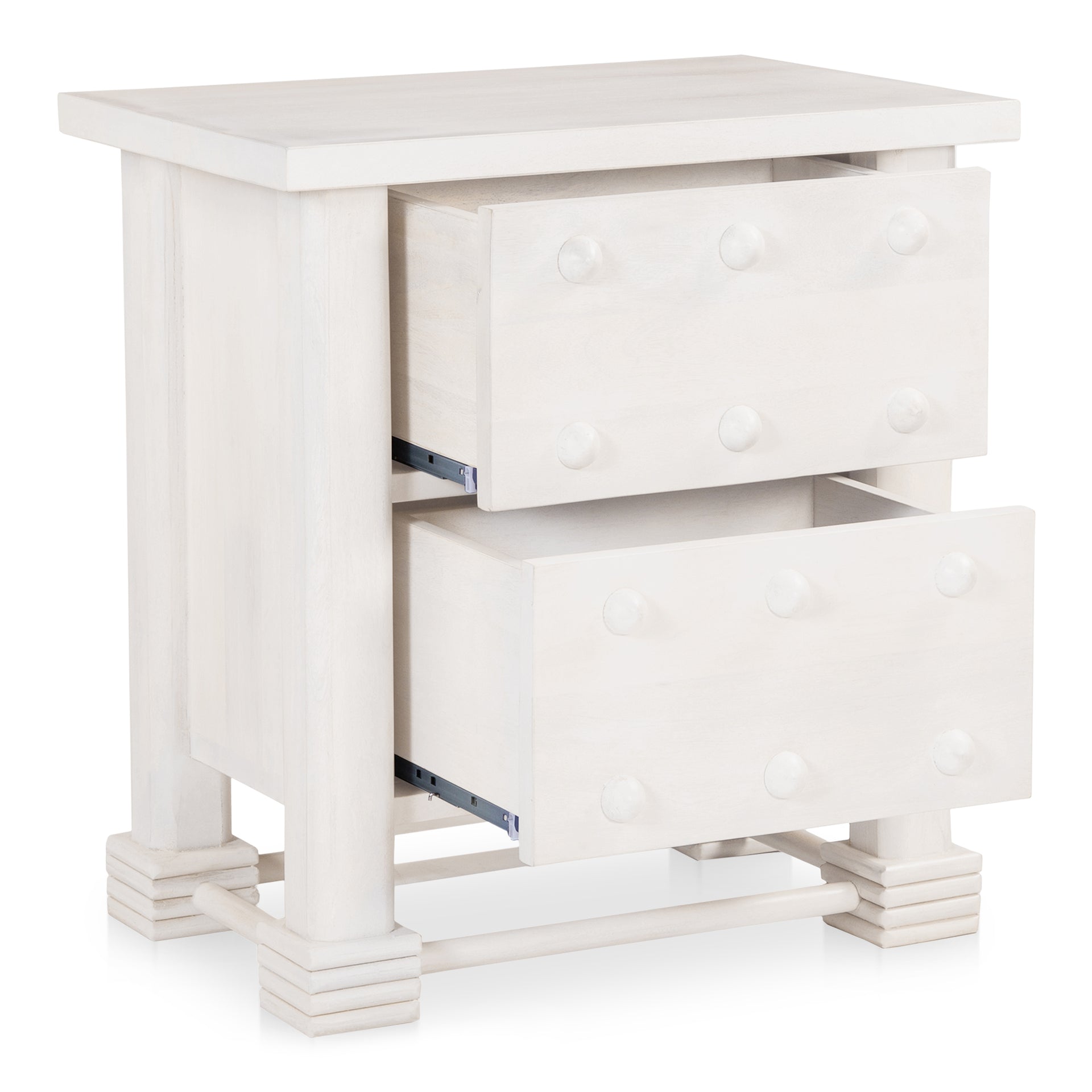 Shiloh Nightstand, Hand-Carved Mango Wood with 2 Push-to-Open Drawers, French-Inspired Detailing, White