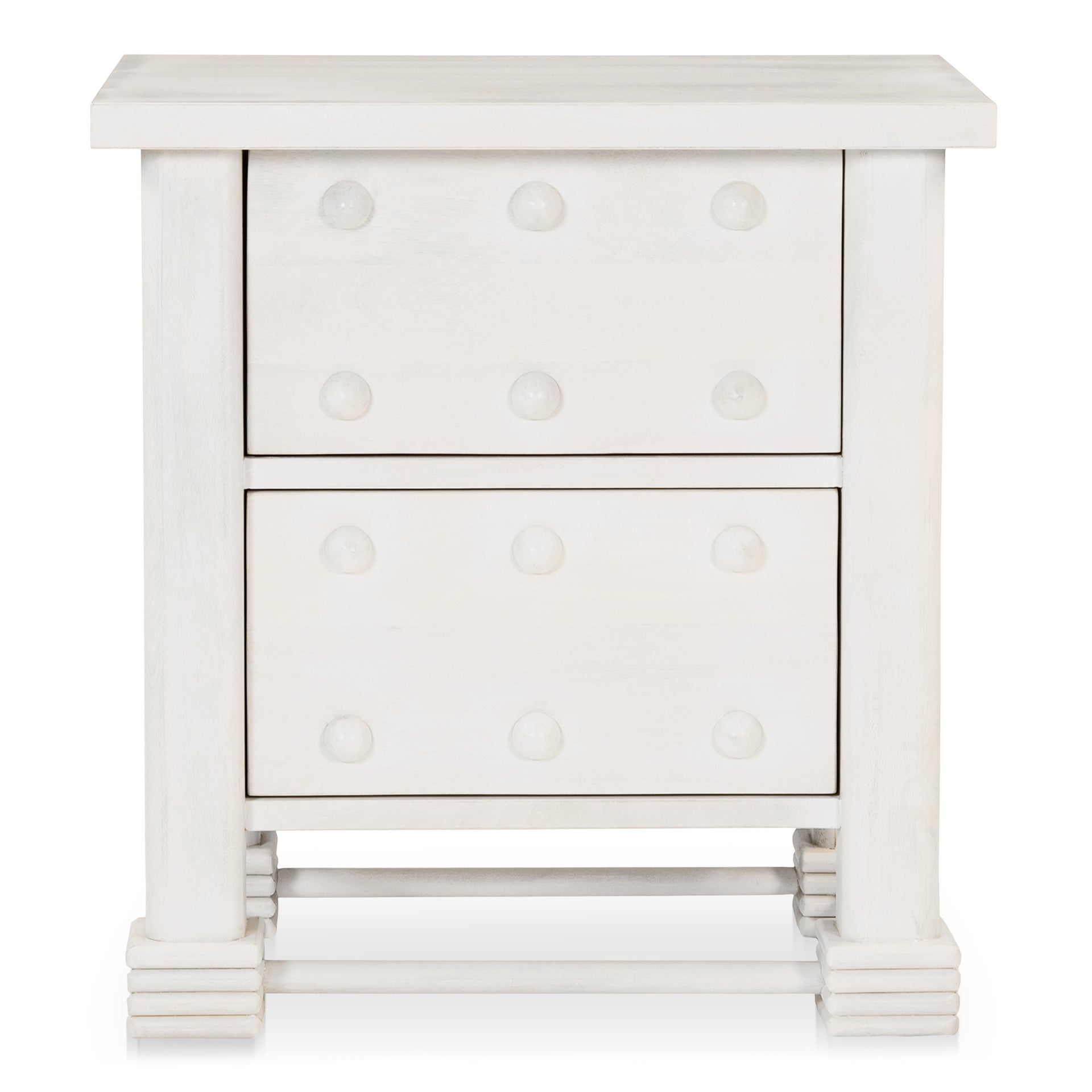 Shiloh Nightstand, Hand-Carved Mango Wood with 2 Push-to-Open Drawers, French-Inspired Detailing, White