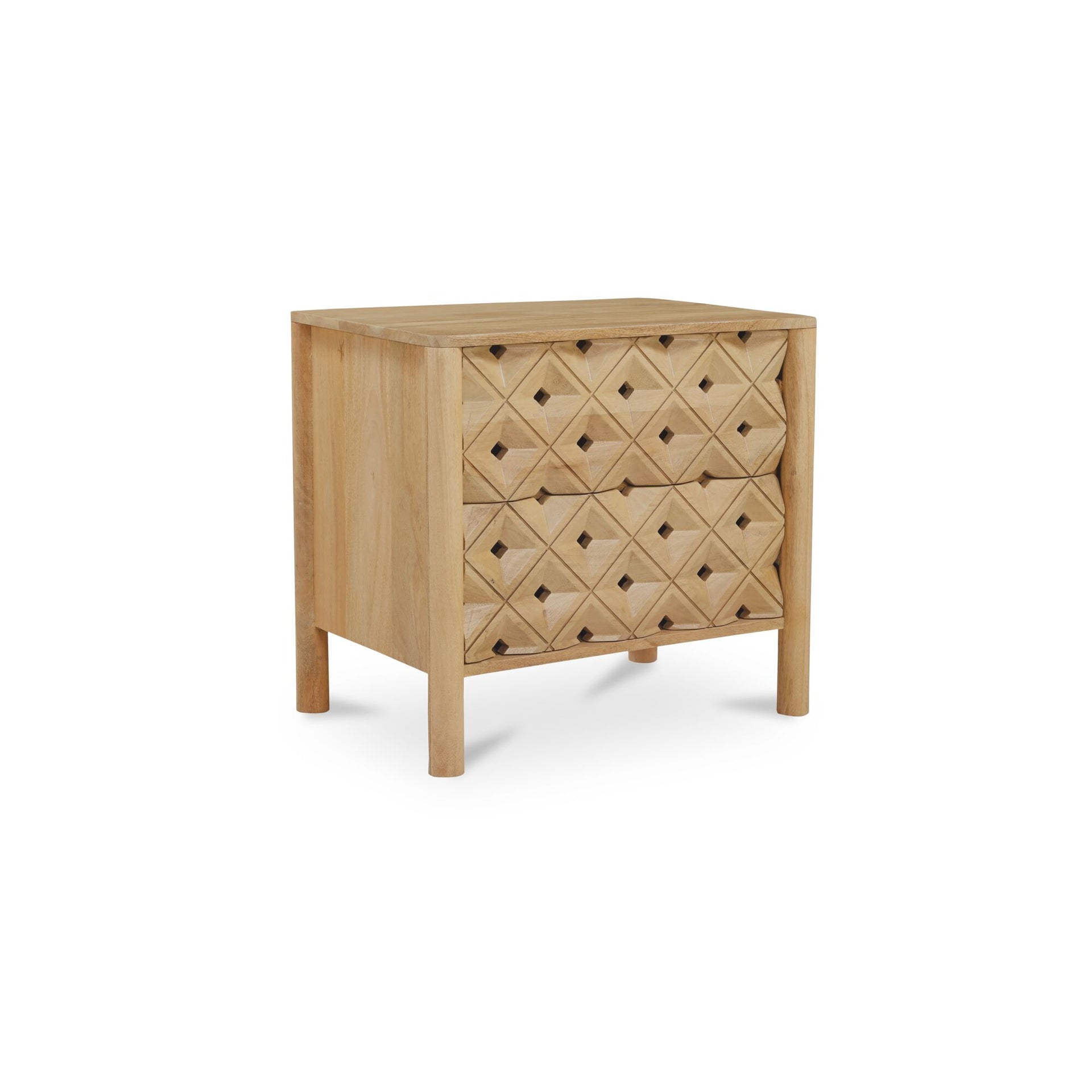 Talric Nightstand, Geometric Carved Mango Wood, 2-Drawer, Push-to-Open, Natural Finish