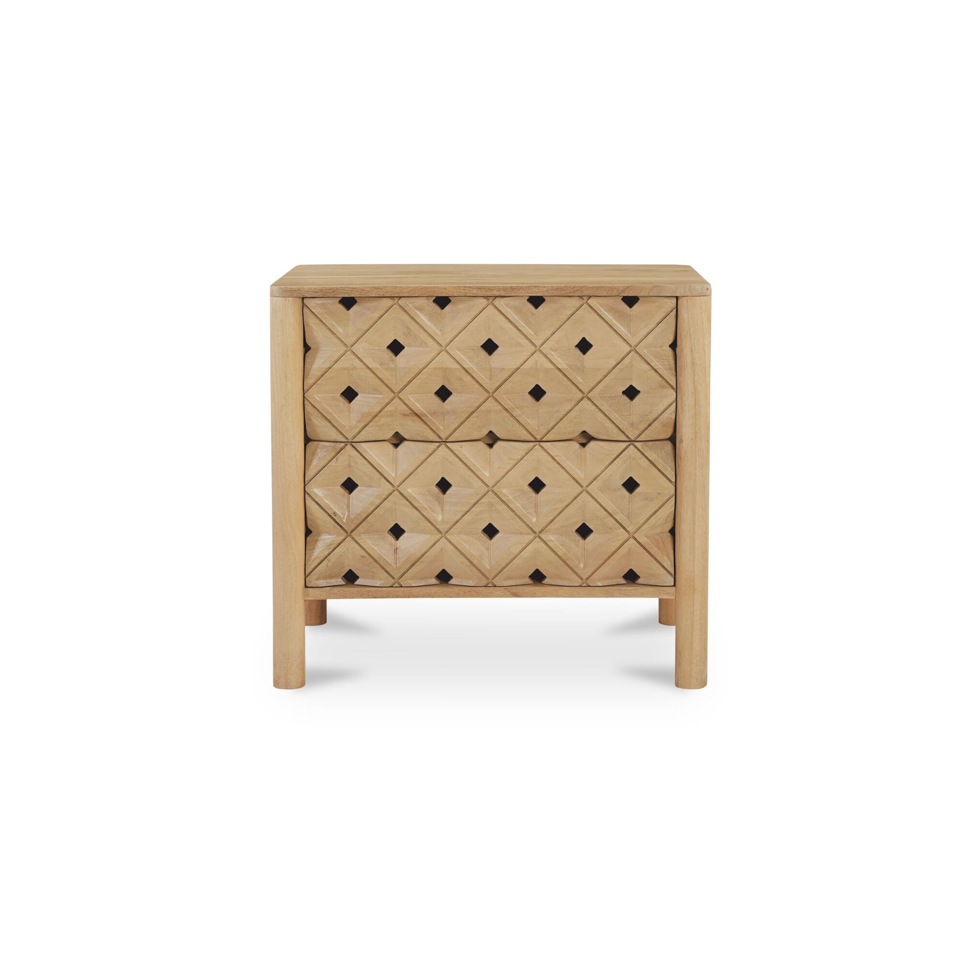 Talric Nightstand, Geometric Carved Mango Wood, 2-Drawer, Push-to-Open, Natural Finish