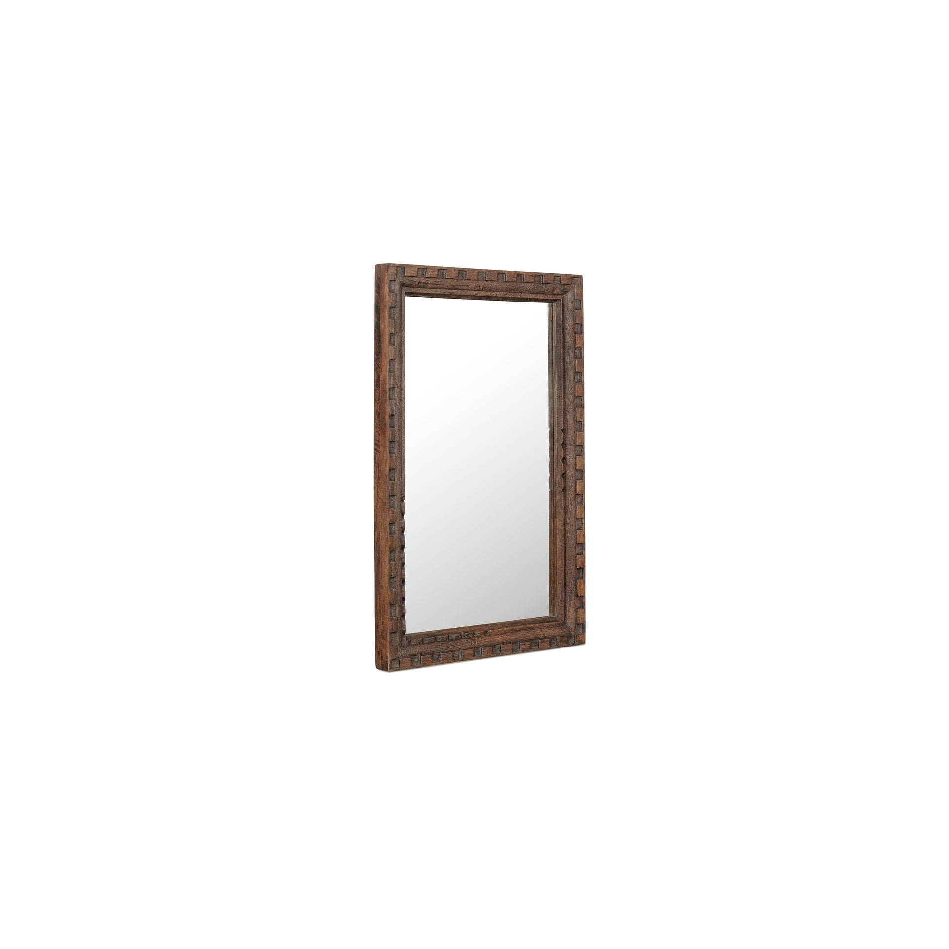 Varek Wall Mirror, Large, Carved Mango Wood Brushed Finish, Aged Brown