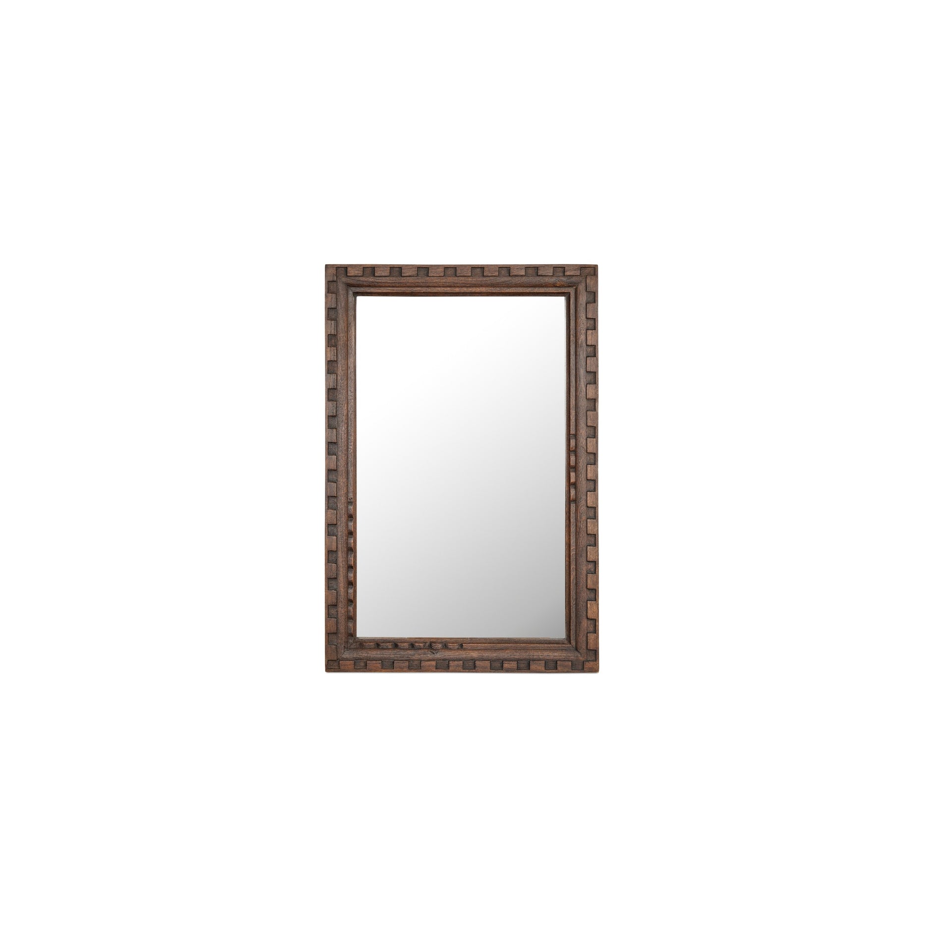Varek Wall Mirror, Large, Carved Mango Wood Brushed Finish, Aged Brown