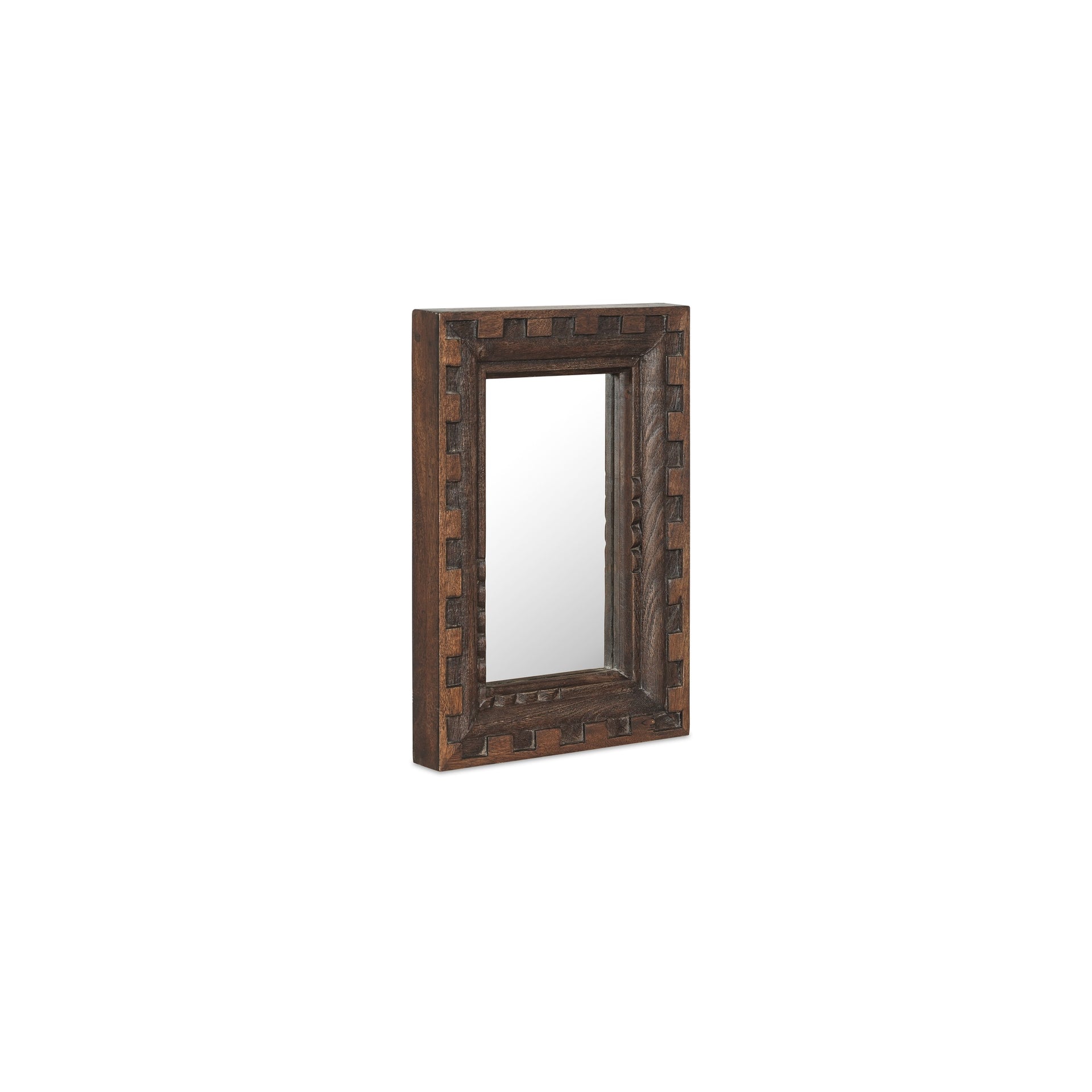 Varek Wall Mirror, Small, Carved Mango Wood Brushed Finish, Aged Brown