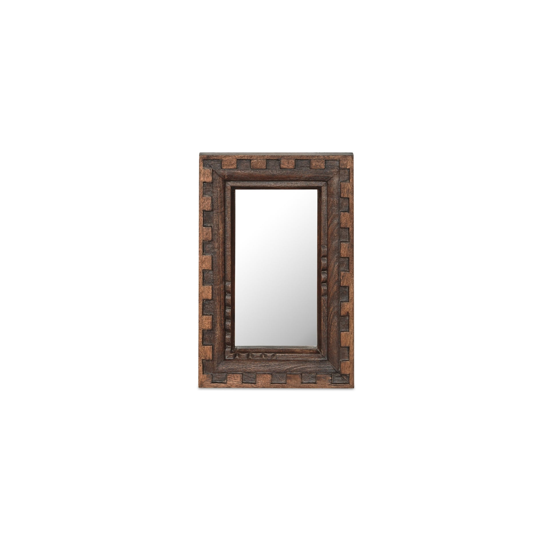 Varek Wall Mirror, Small, Carved Mango Wood Brushed Finish, Aged Brown