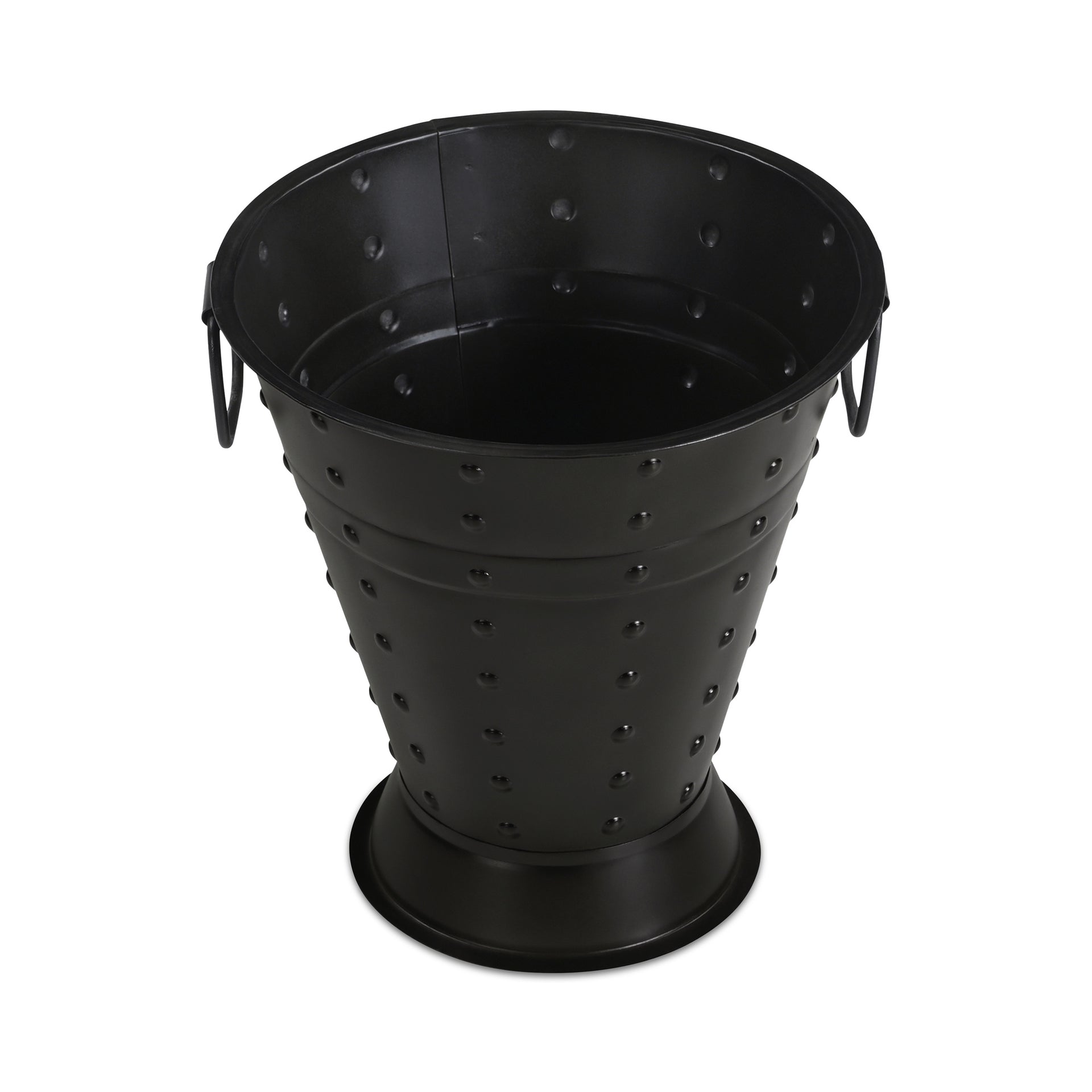 Larkin Vase, Iron, Tapered Pail Silhouette, Looped Handles, Rivet Detail, Water Safe, Black Patina, Black