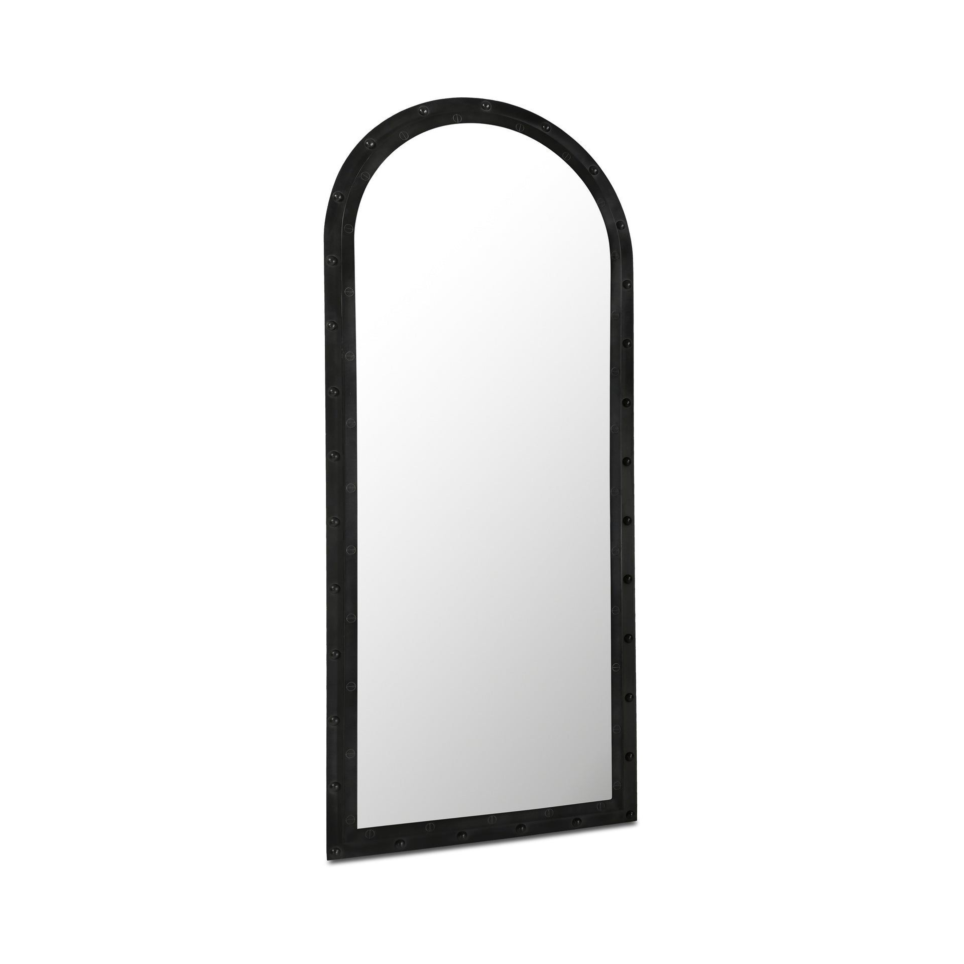 Vivienne Floor Mirror, Iron Frame, Rounded Top, Rivet Detail, MDF Back Panel, Aged Grey Patina, Grey