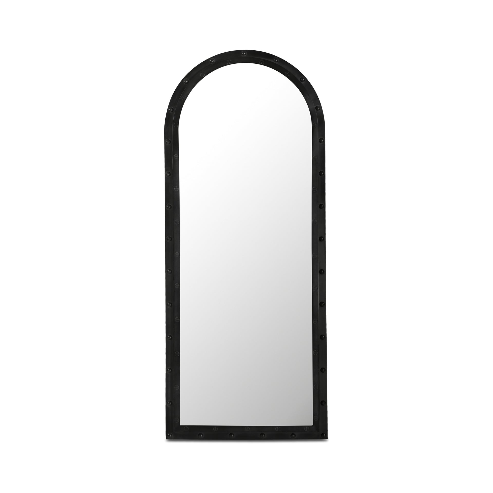 Vivienne Floor Mirror, Iron Frame, Rounded Top, Rivet Detail, MDF Back Panel, Aged Grey Patina, Grey