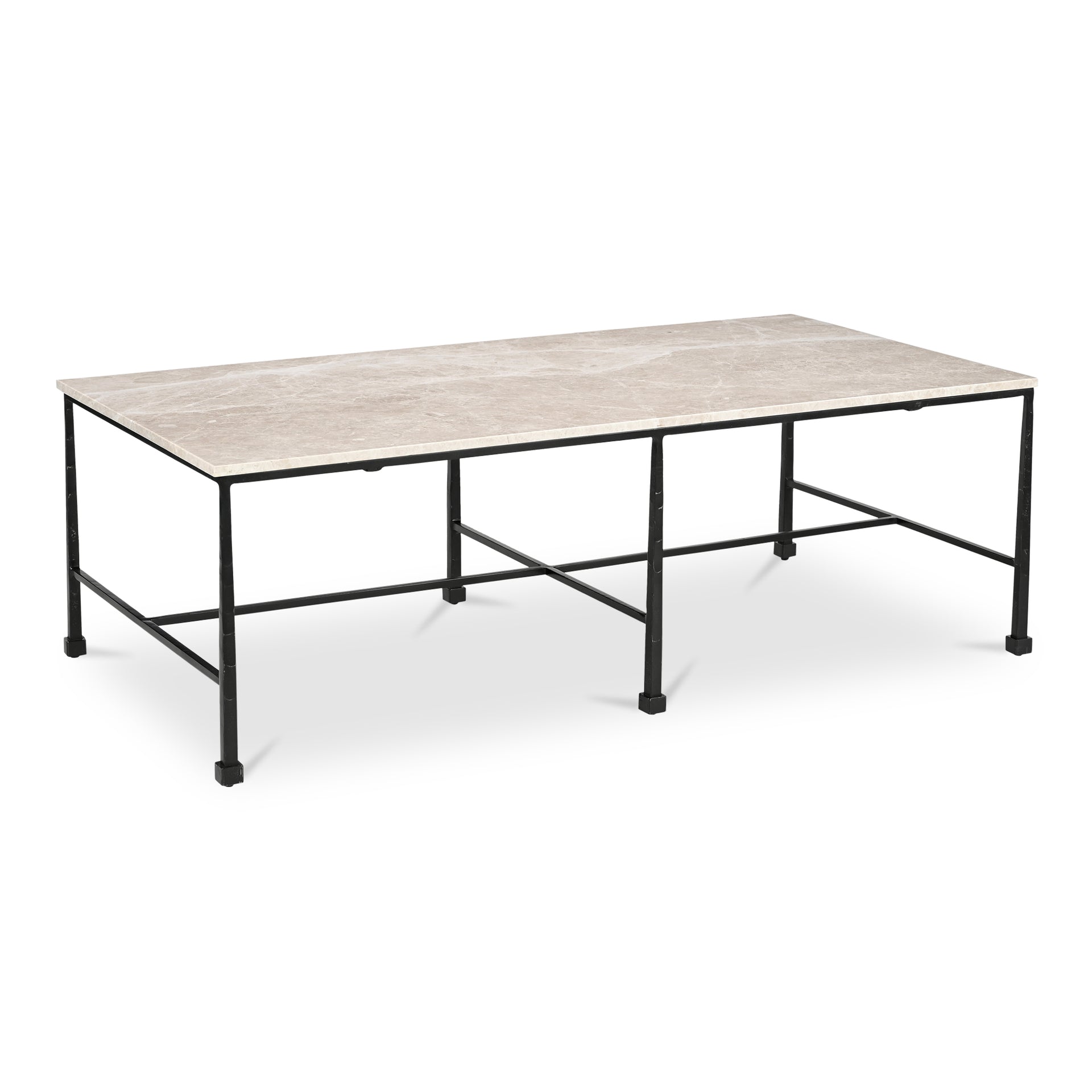 Tylienne Coffee Table, Rectangular Italian Botticino Marble Top, Hammered Blackened Iron Base, Beige