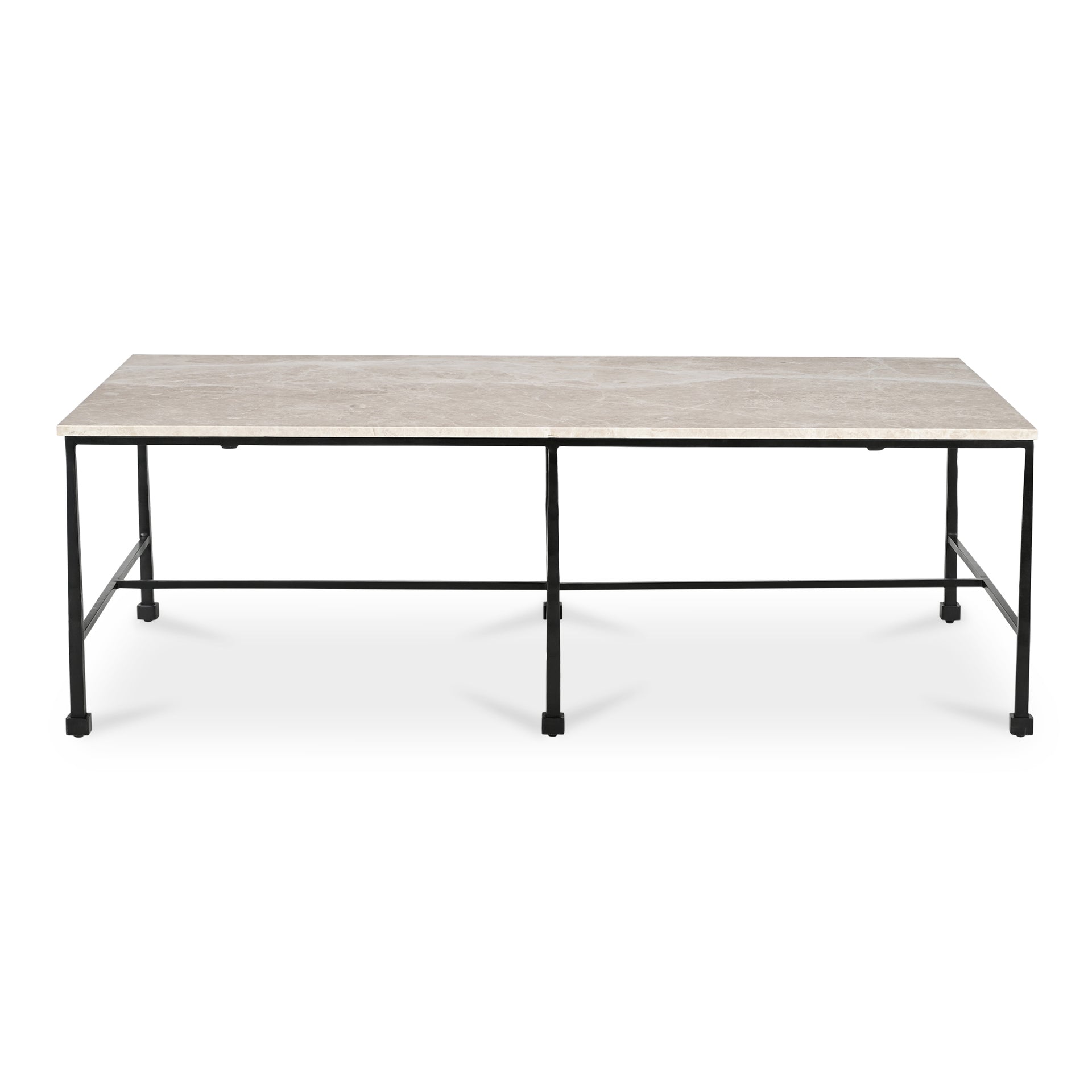 Tylienne Coffee Table, Rectangular Italian Botticino Marble Top, Hammered Blackened Iron Base, Beige