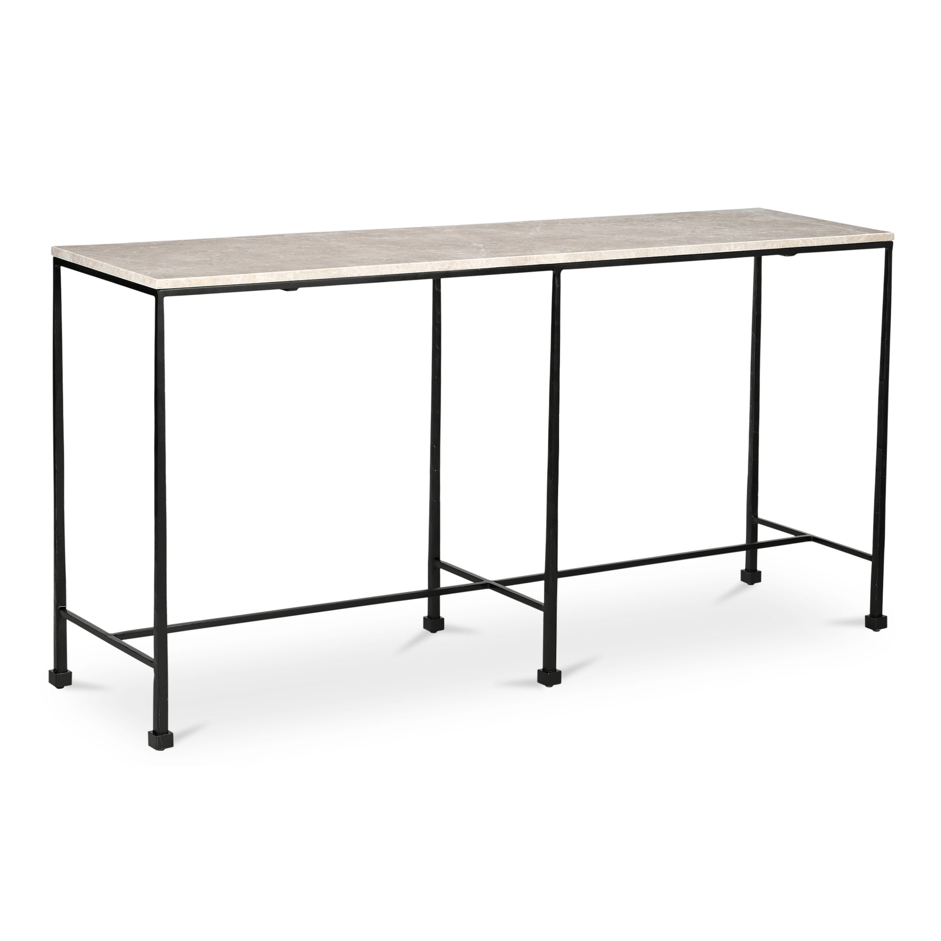 Tylienne Console Table, Italian Botticino Marble, Hammered Blackened Iron Base