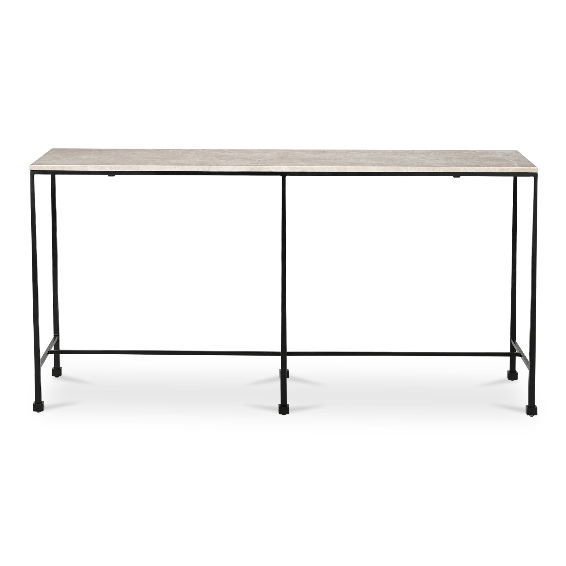 Tylienne Console Table, Italian Botticino Marble, Hammered Blackened Iron Base