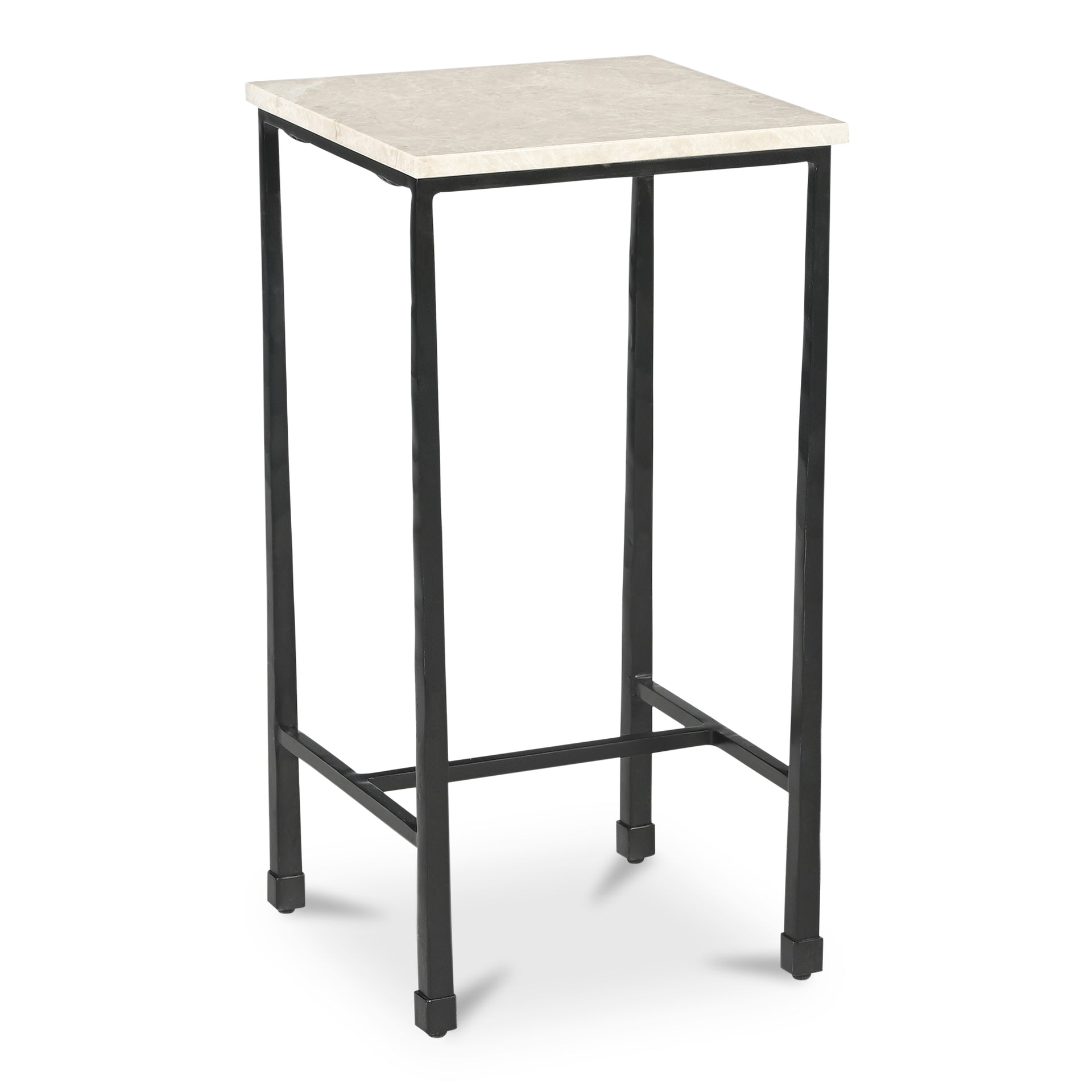 Tylienne Side Table, Italian Botticino Marble, Hammered Blackened Iron Base