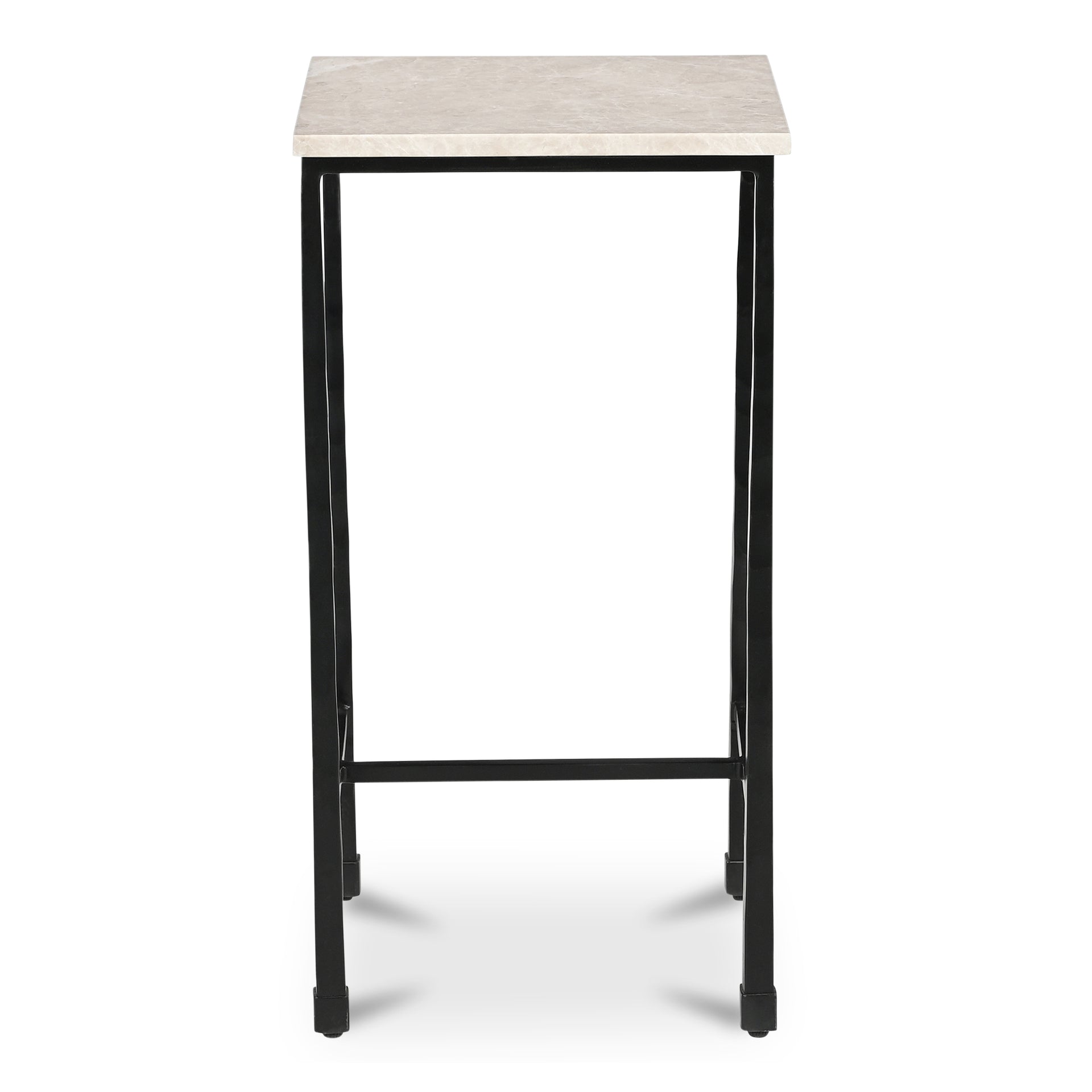 Tylienne Side Table, Italian Botticino Marble, Hammered Blackened Iron Base