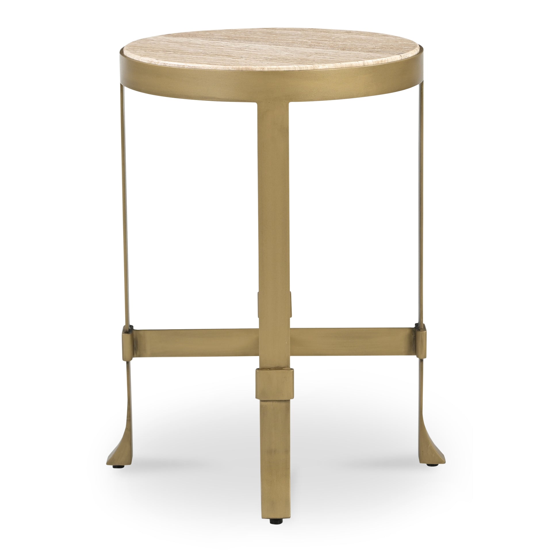 Caelin Side Table, Travertine Top with Antique Gold Iron Base and Metal-Rim Edge, Travertine