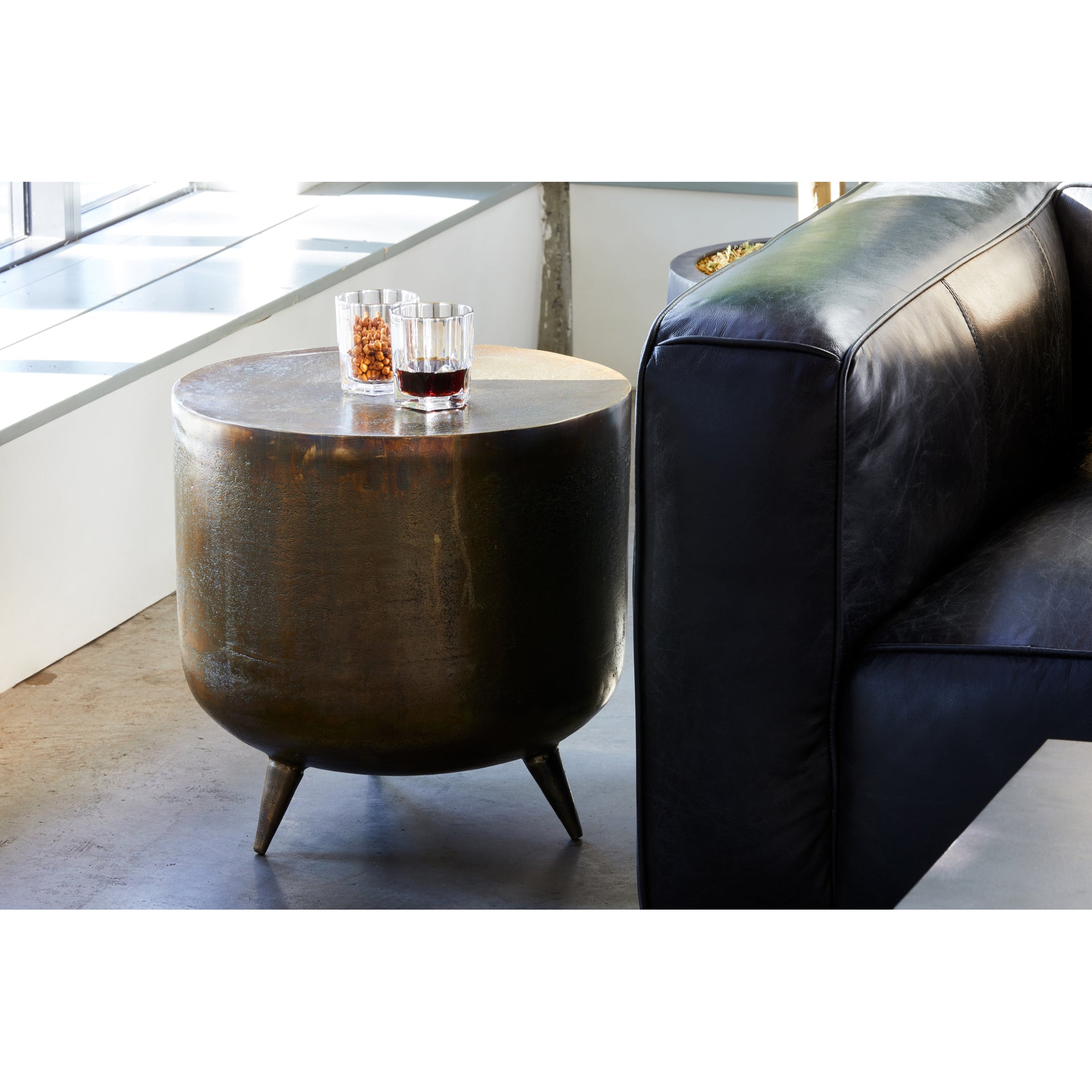 Calderon Accent Table, Aluminum Tripod Base, Gold & Brass Finish, Industrial Design