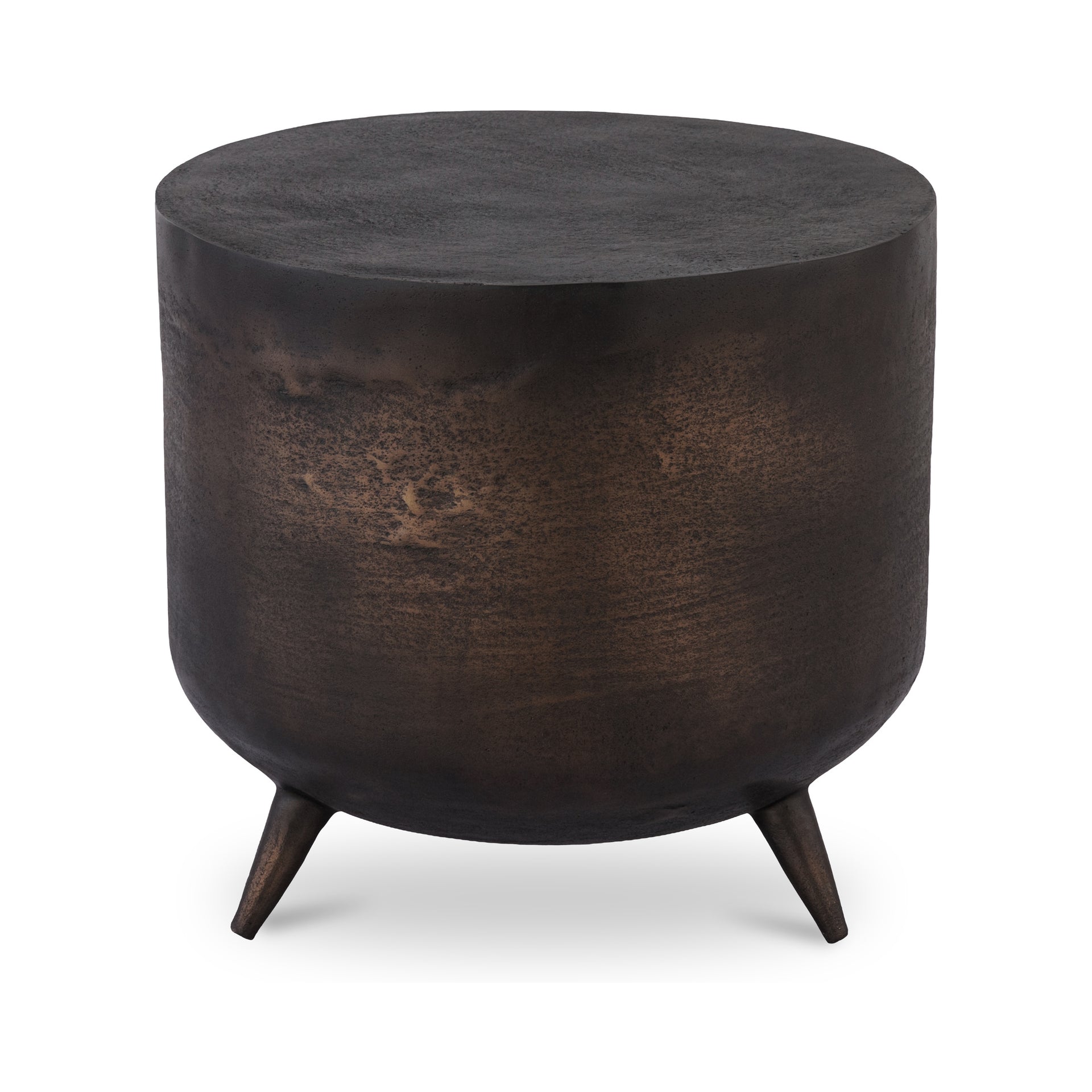 Calderon Accent Table, Round Drum Silhouette, Cast Aluminum, Rustic Bronze Finish, One-Piece Form, Bronze