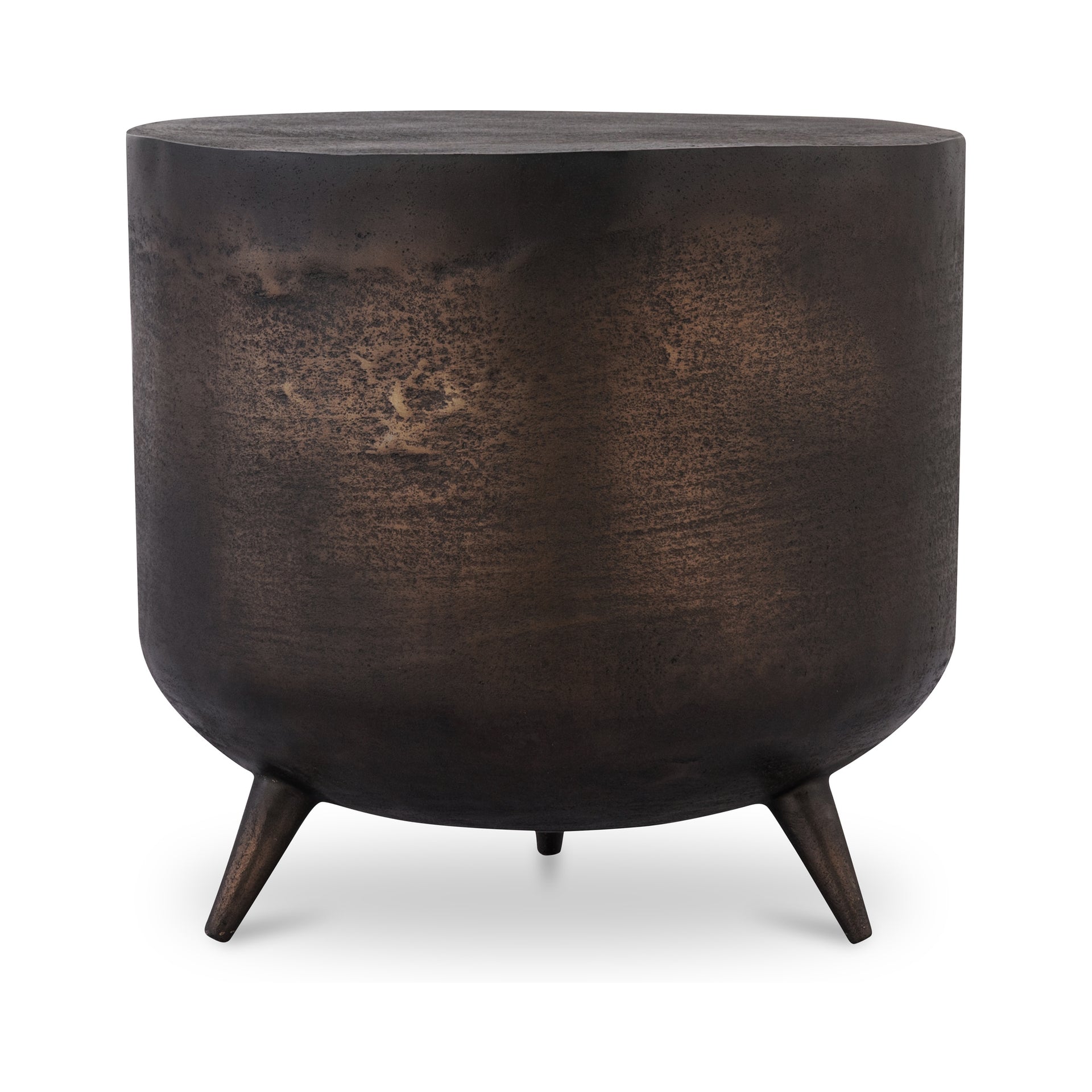 Calderon Accent Table, Round Drum Silhouette, Cast Aluminum, Rustic Bronze Finish, One-Piece Form, Bronze