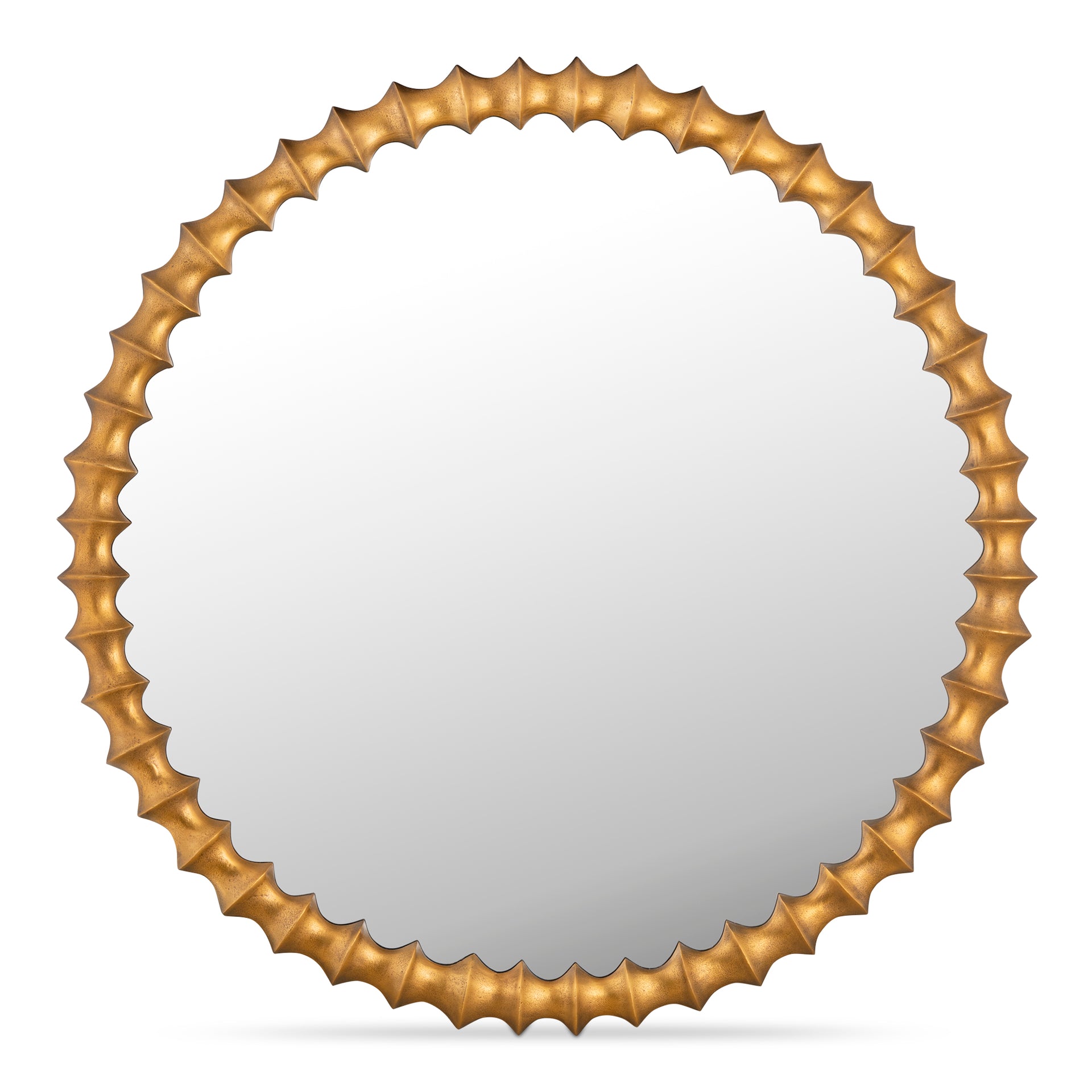 Everard Mirror, Cast Aluminum Frame, Mirrored Glass, Round, Textured Aged Brass Finish