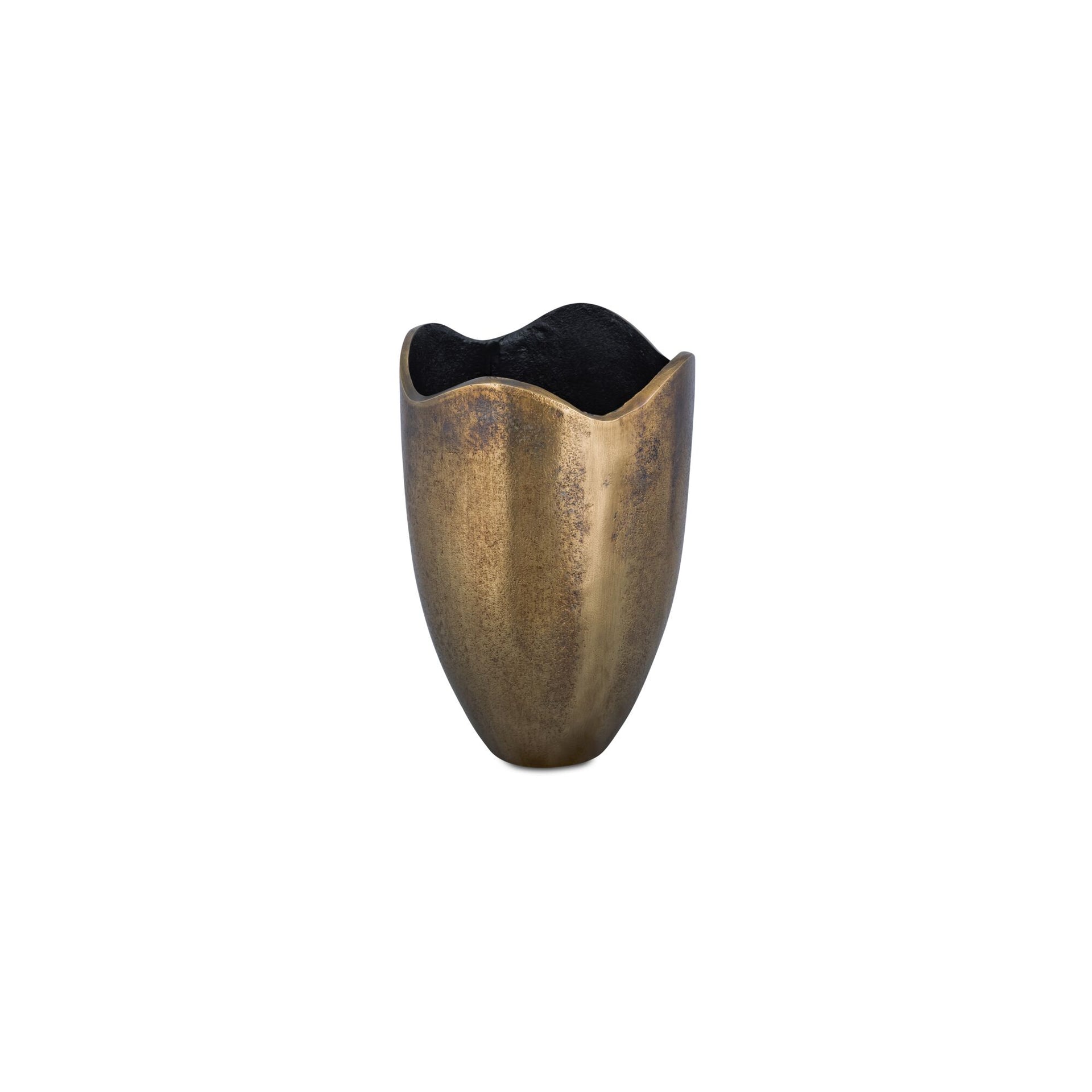 Enzo Vase, Round Cast Aluminum, Scalloped Detailing, Antique Brass