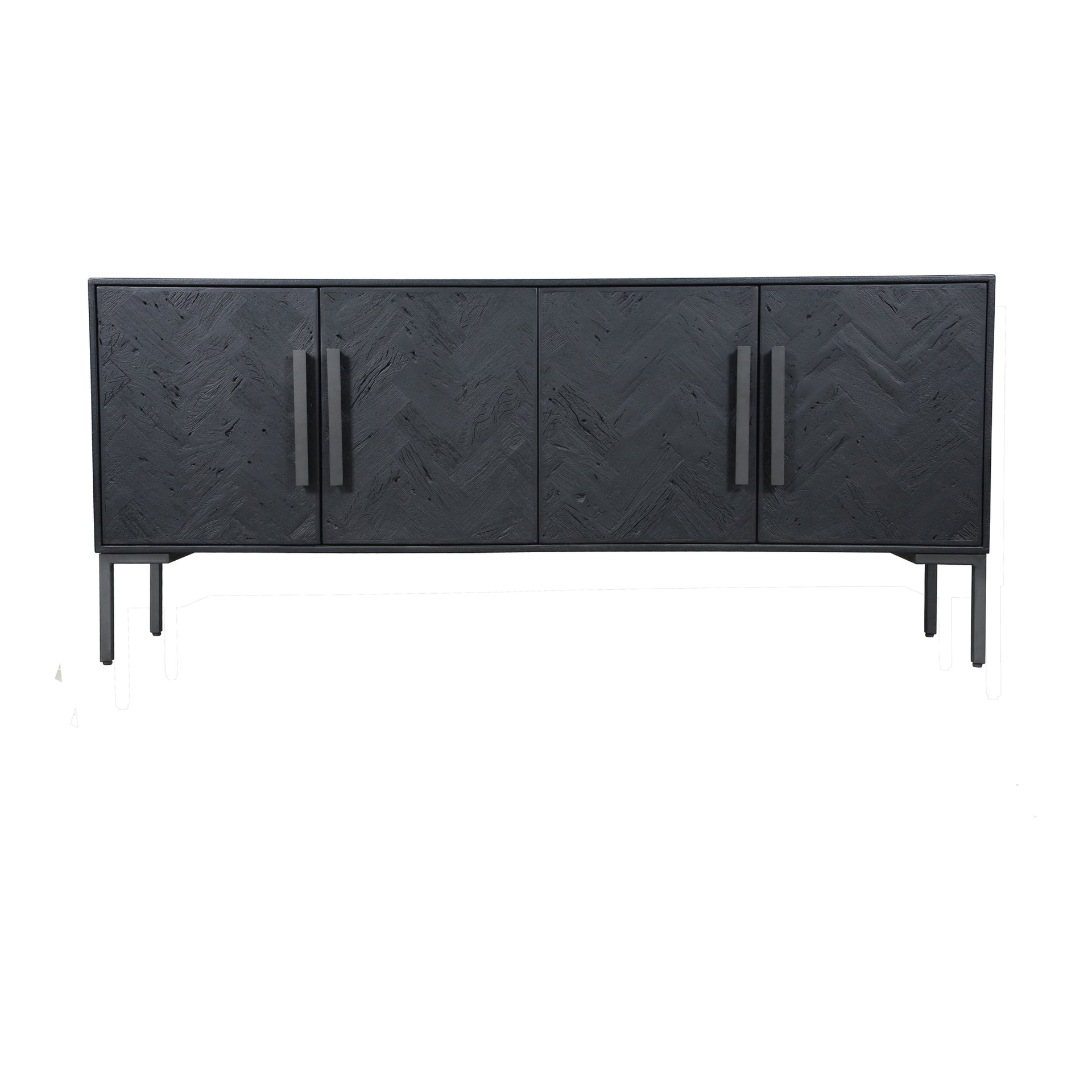 Zanna Sideboard, Reclaimed Mango Wood, Herringbone Pattern, Iron Legs, 4 Cabinet Doors, Black