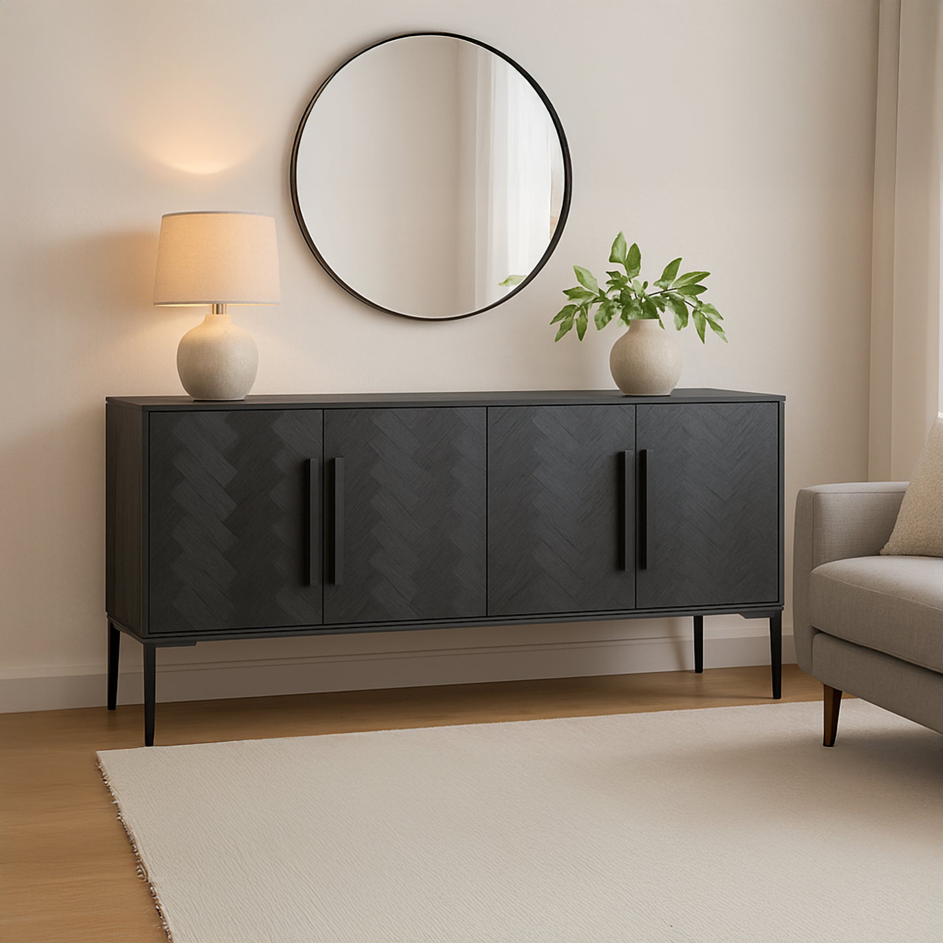 Zanna Sideboard, Reclaimed Mango Wood, Herringbone Pattern, Iron Legs, 4 Cabinet Doors, Black