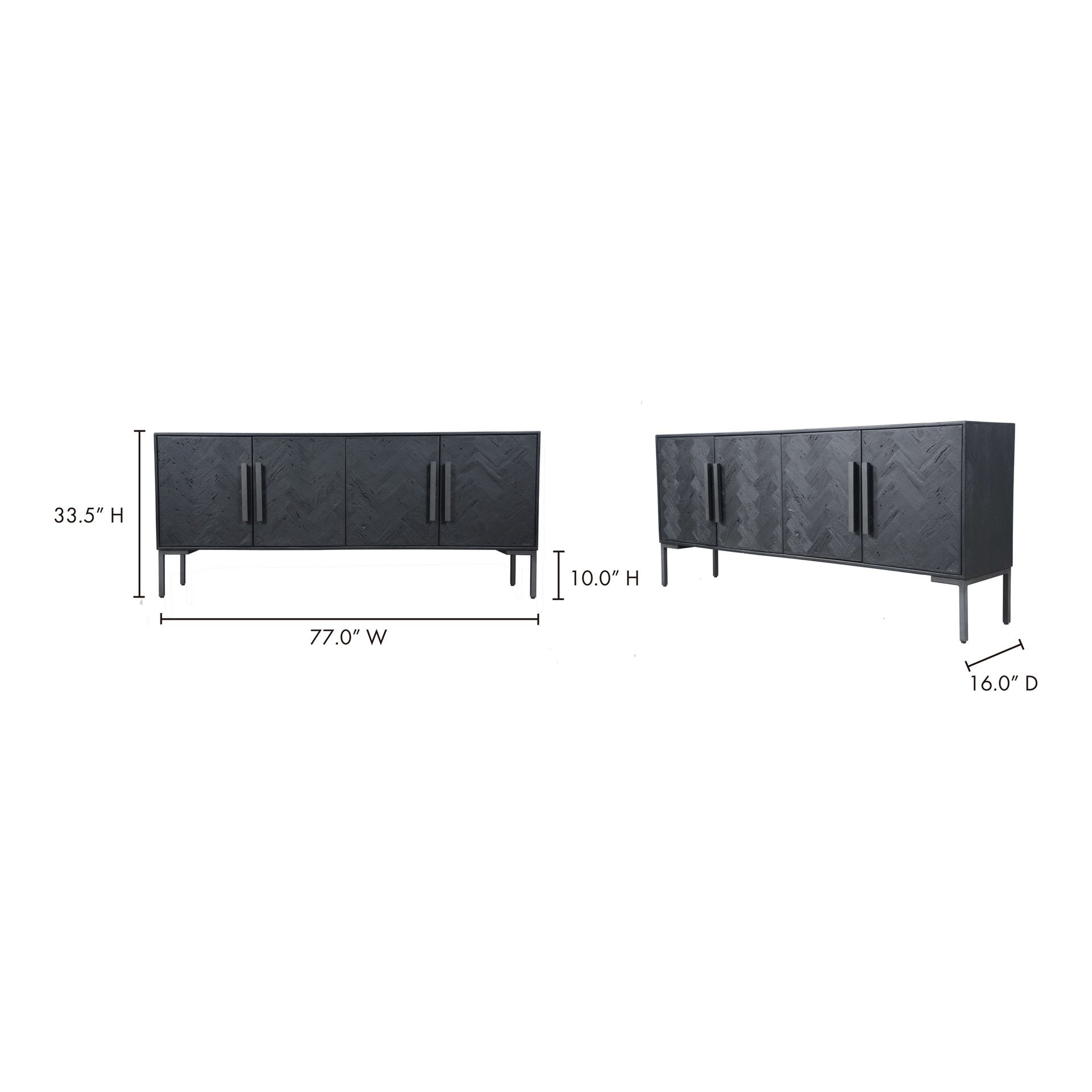 Zanna Sideboard, Reclaimed Mango Wood, Herringbone Pattern, Iron Legs, 4 Cabinet Doors, Black