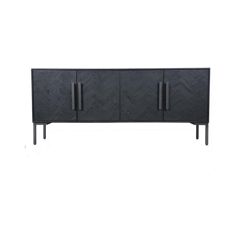 Zanna Sideboard, Reclaimed Mango Wood, Herringbone Pattern, Iron Legs, 4 Cabinet Doors, Black