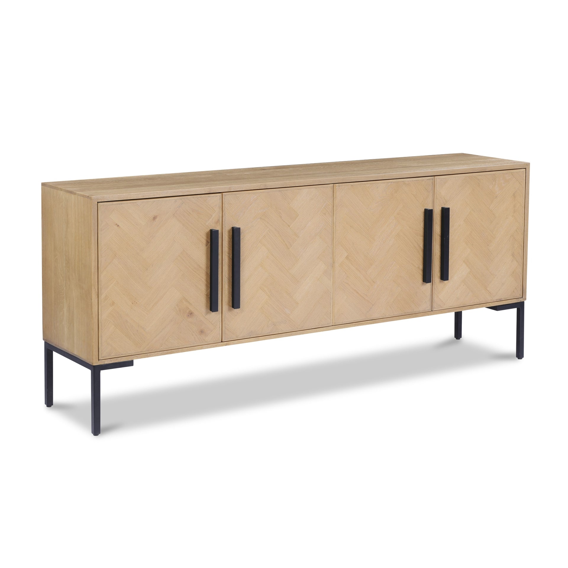 Zanna Sideboard, Fishbone Door Fronts, Solid Oak, Iron Base, Interior Shelves, Stain Resistant, Natural