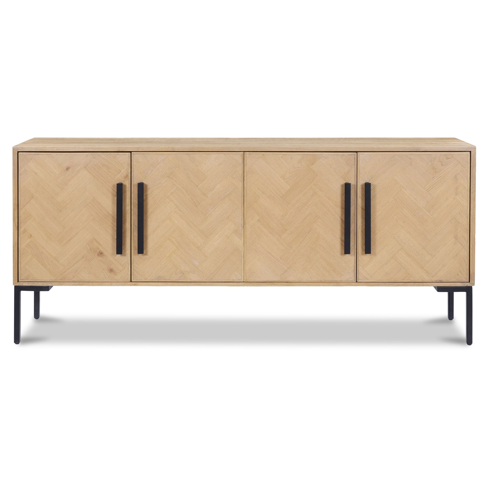 Zanna Sideboard, Fishbone Door Fronts, Solid Oak, Iron Base, Interior Shelves, Stain Resistant, Natural